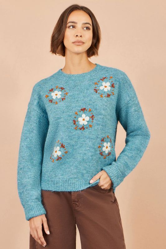 Yumi Blue Patch Floral Embroidered Relaxed Jumper Knit Jumper Yumi