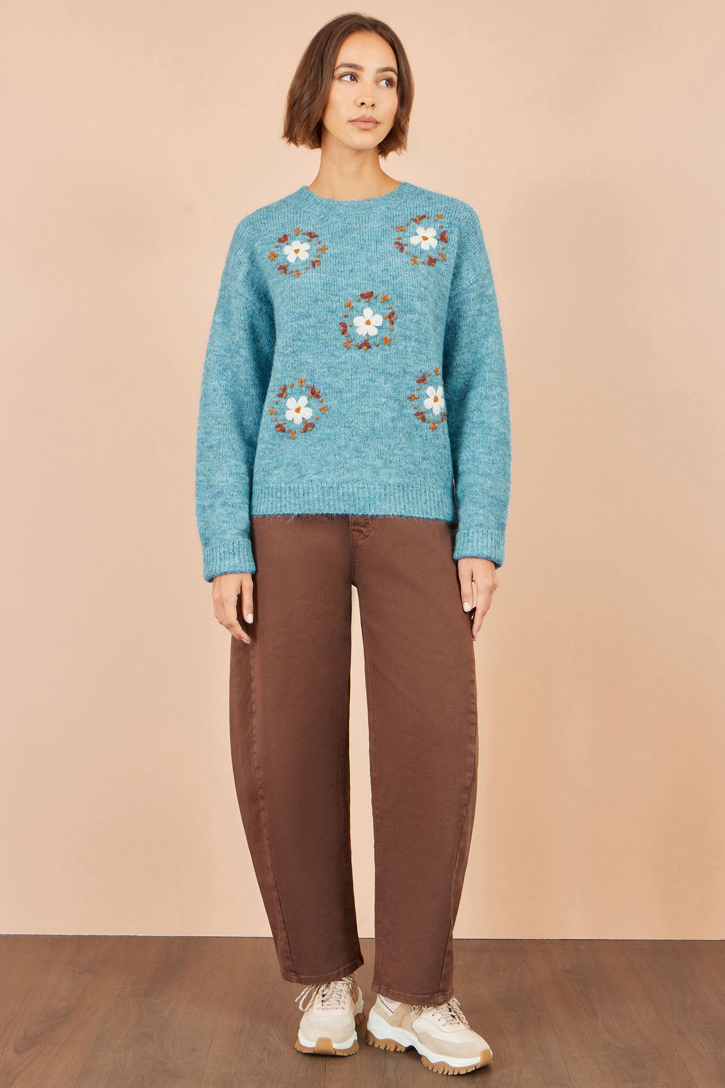 Yumi Blue Patch Floral Embroidered Relaxed Jumper Knit Jumper Yumi