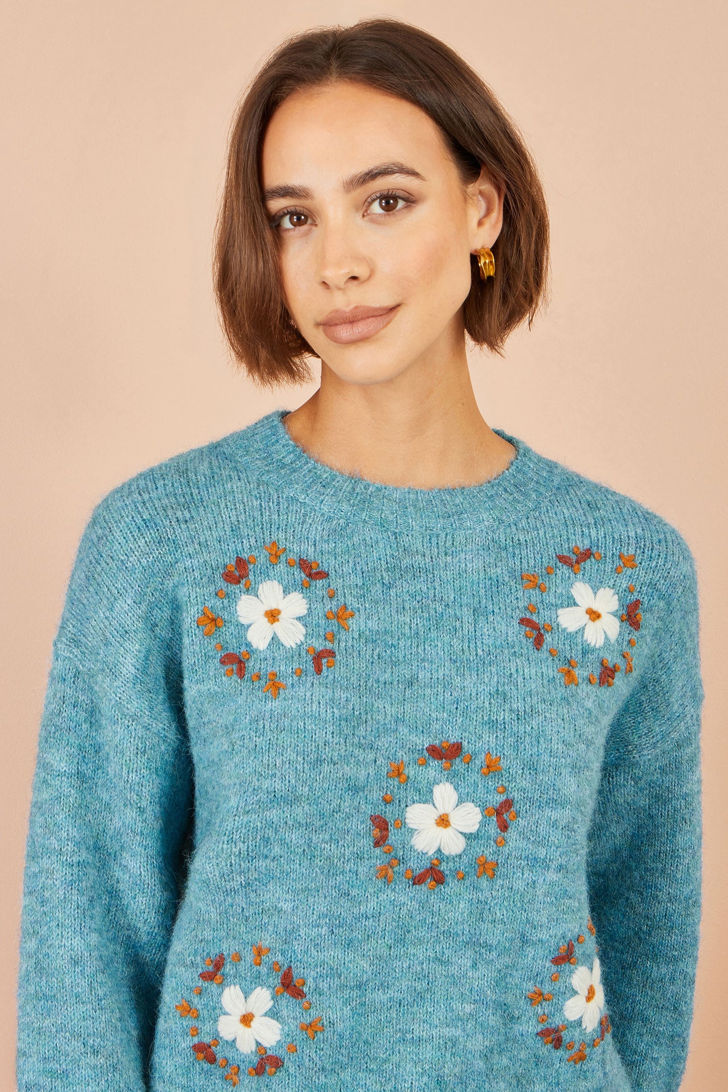 Yumi Blue Patch Floral Embroidered Relaxed Jumper Knit Jumper Yumi