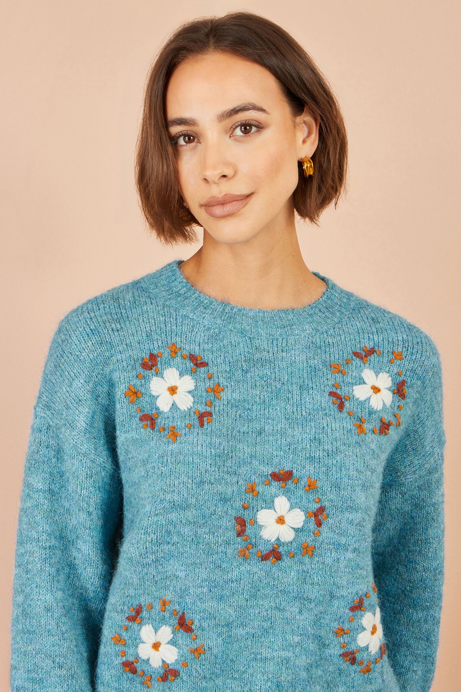 Yumi Blue Patch Floral Embroidered Relaxed Jumper Knit Jumper Yumi