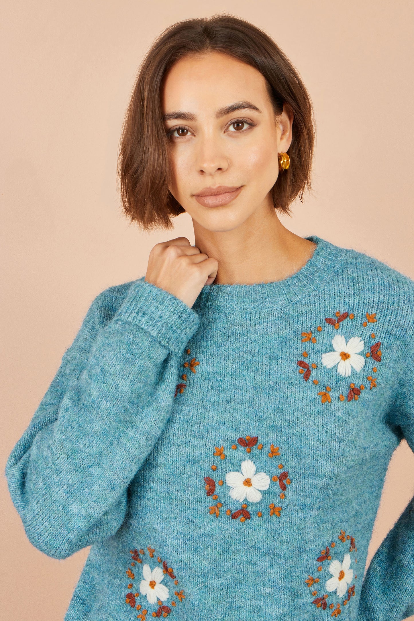 Yumi Blue Patch Floral Embroidered Relaxed Jumper Knit Jumper Yumi