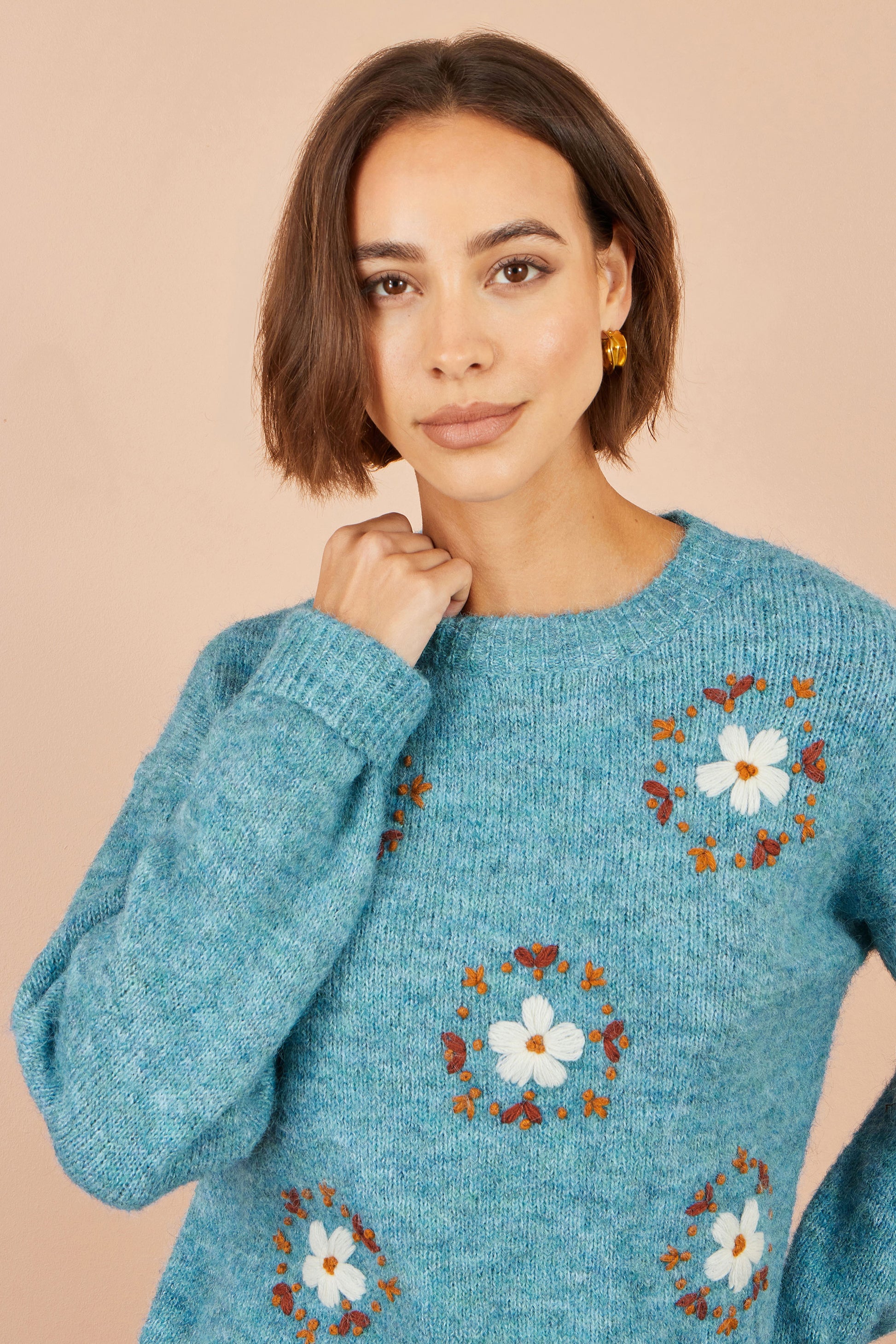 Yumi Blue Patch Floral Embroidered Relaxed Jumper Knit Jumper Yumi