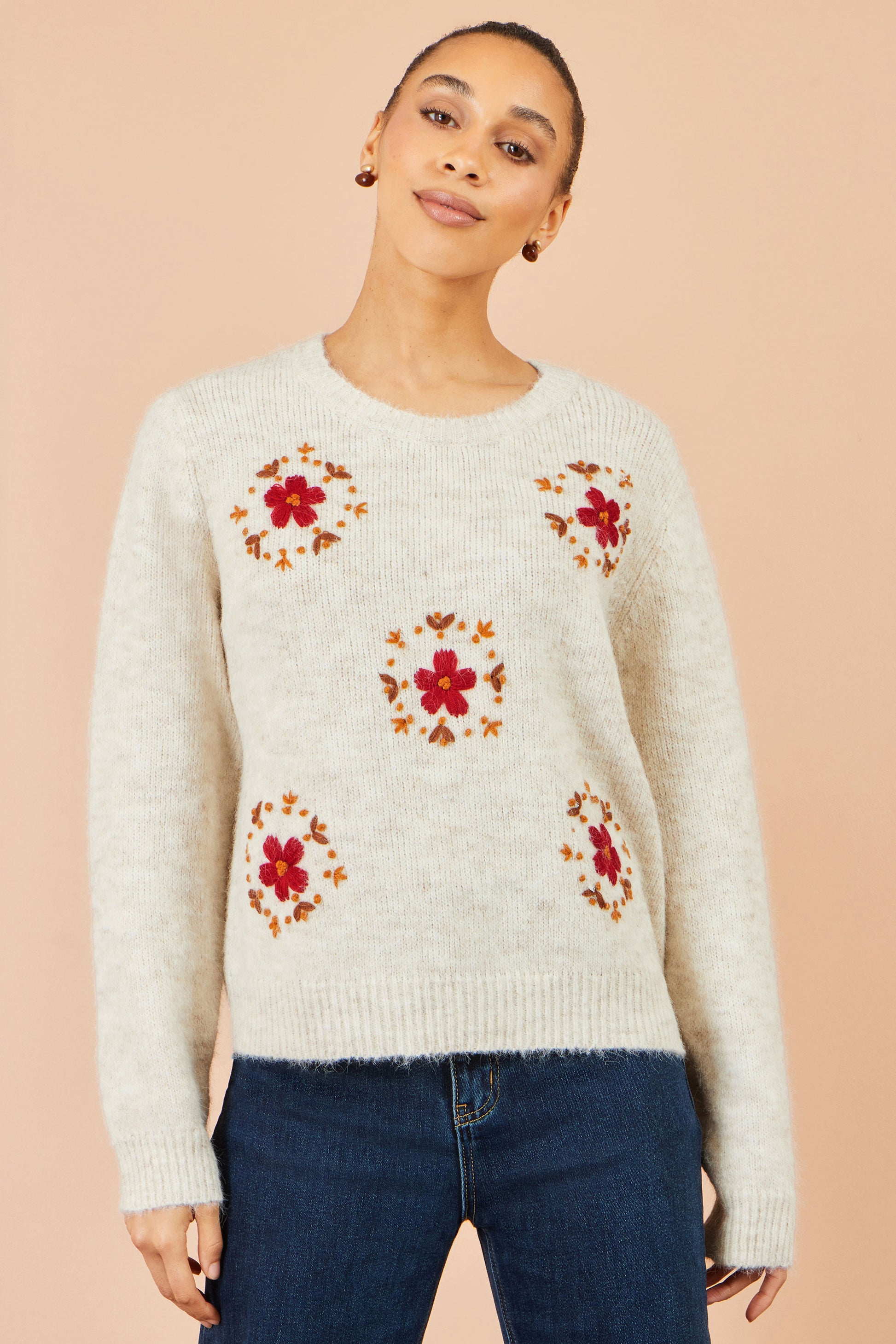 Yumi Ivory Patch Floral Embroidered Relaxed Jumper Knit Jumper Yumi