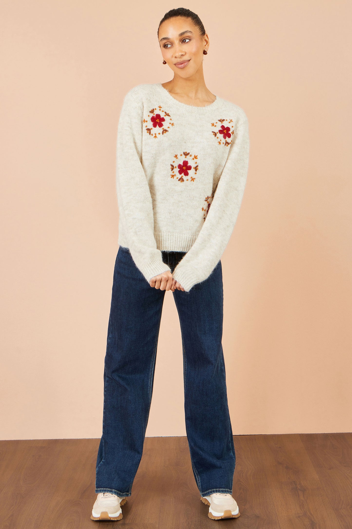 Yumi Ivory Patch Floral Embroidered Relaxed Jumper Knit Jumper Yumi