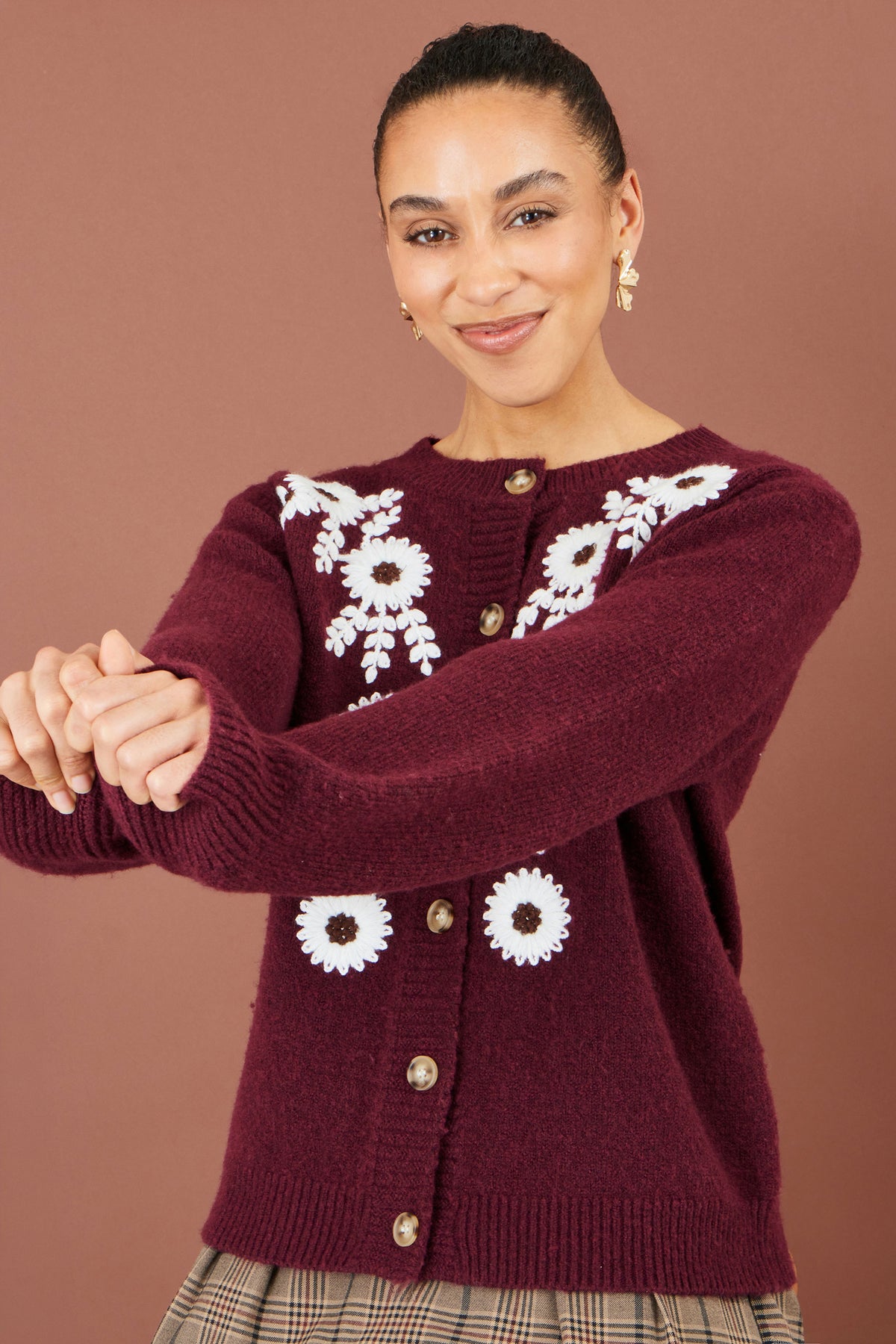 Yumi Burgundy Floral Embroidered Cardigan Knit Cardigan Yumi