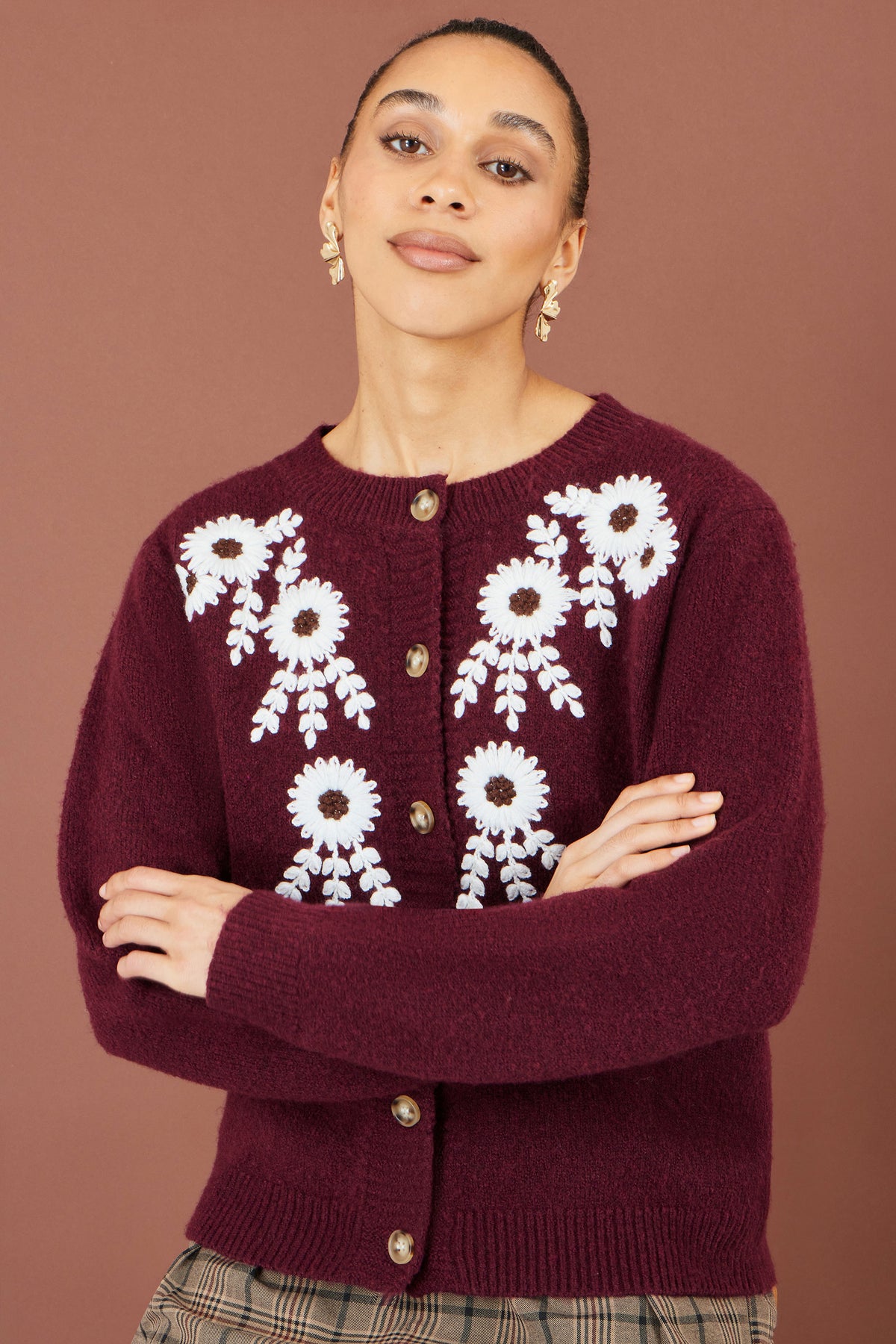 Yumi Burgundy Floral Embroidered Cardigan Knit Cardigan Yumi