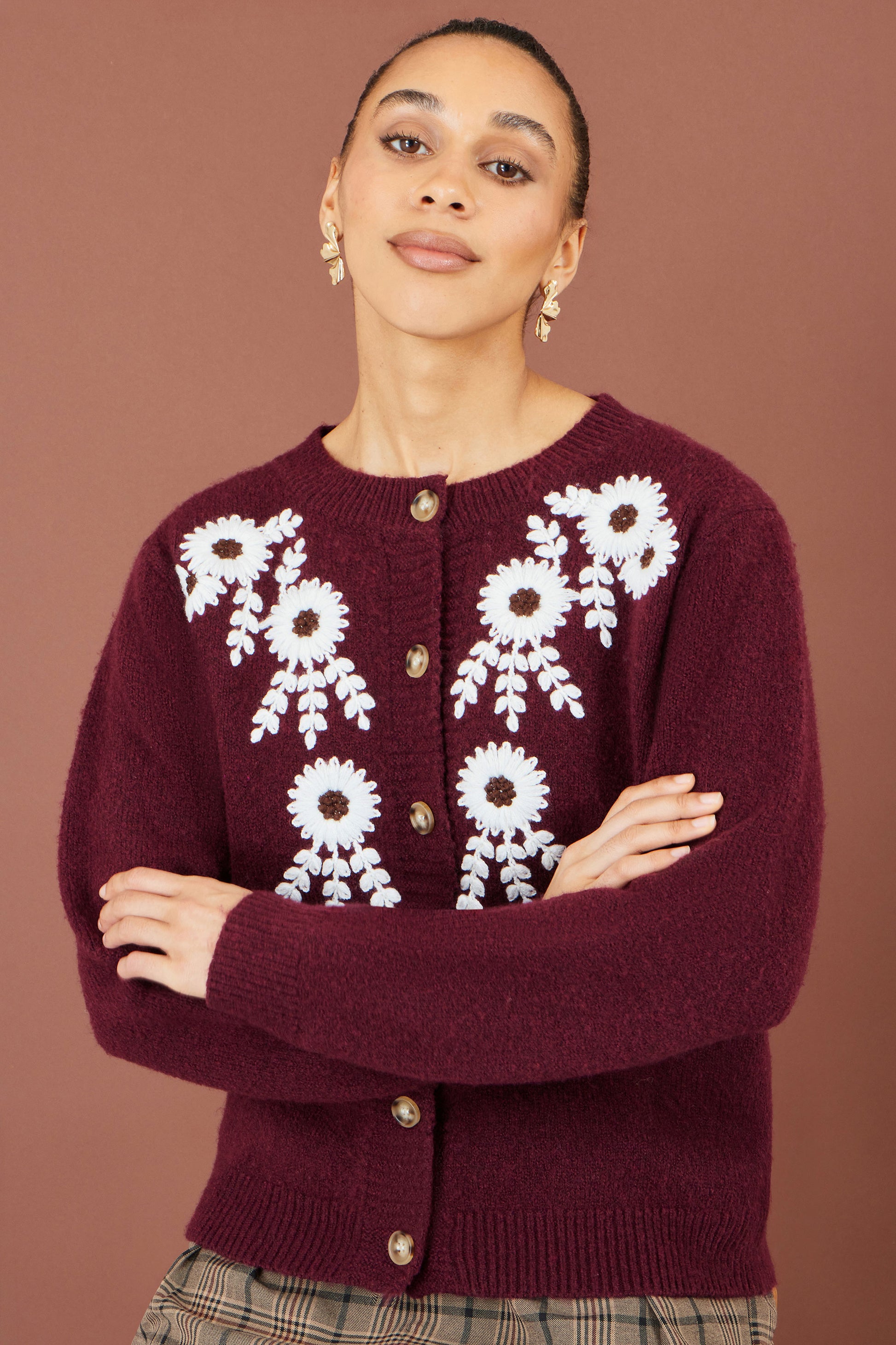 Yumi Burgundy Floral Embroidered Cardigan Knit Cardigan Yumi