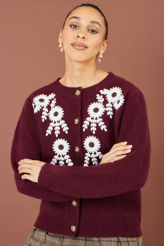 Yumi Burgundy Floral Embroidered Cardigan Knit Cardigan Yumi