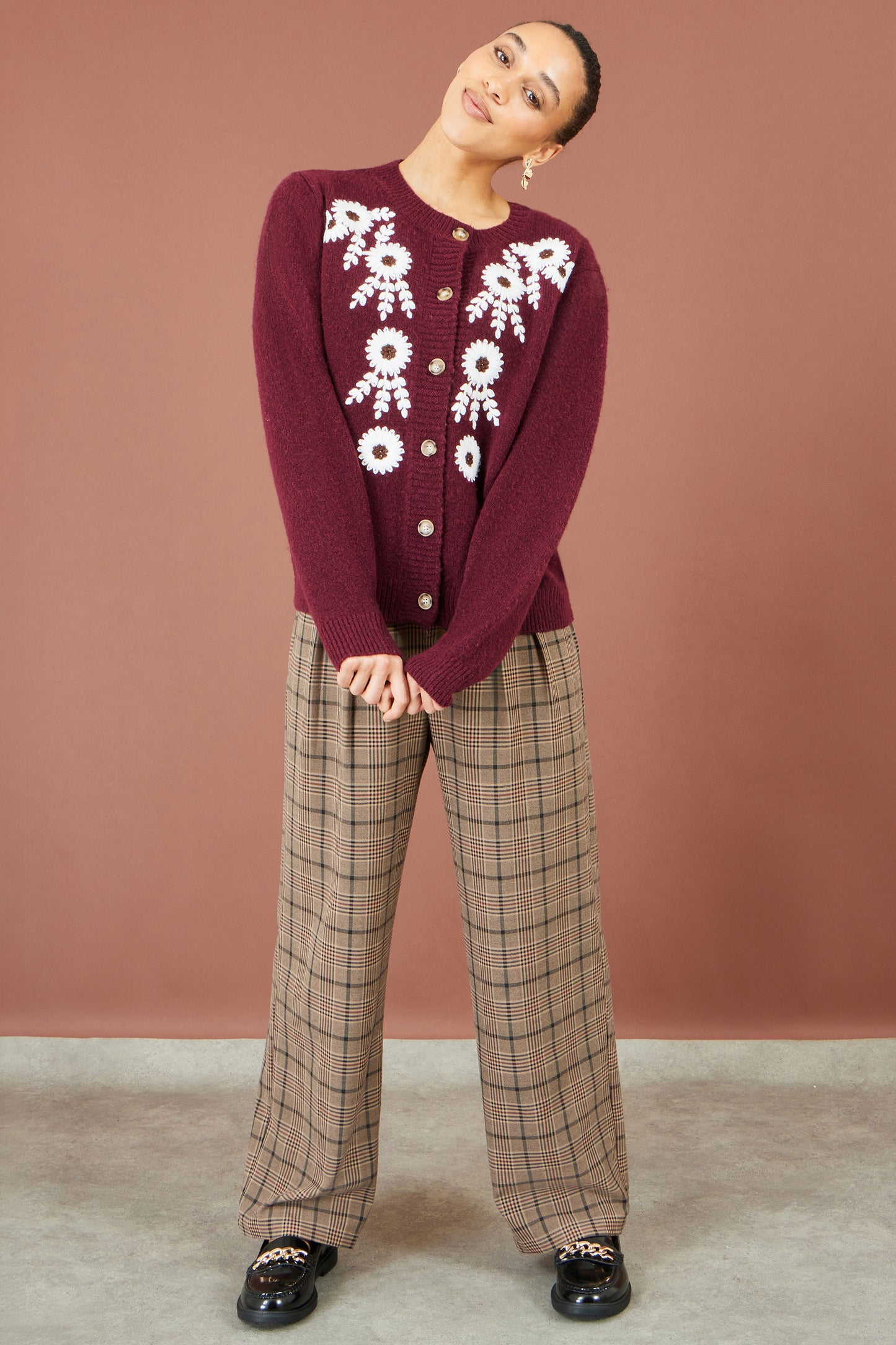 Yumi Burgundy Floral Embroidered Cardigan Knit Cardigan Yumi