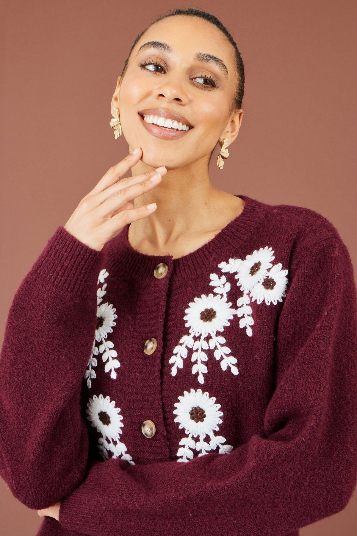 Yumi Burgundy Floral Embroidered Cardigan Knit Cardigan Yumi