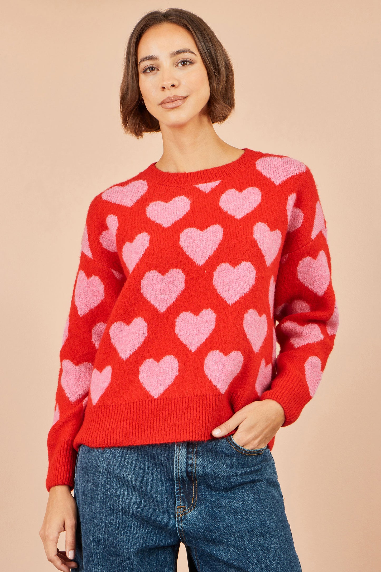 Yumi Pink Heart Intarsia Relaxed Jumper Knit Jumper Yumi