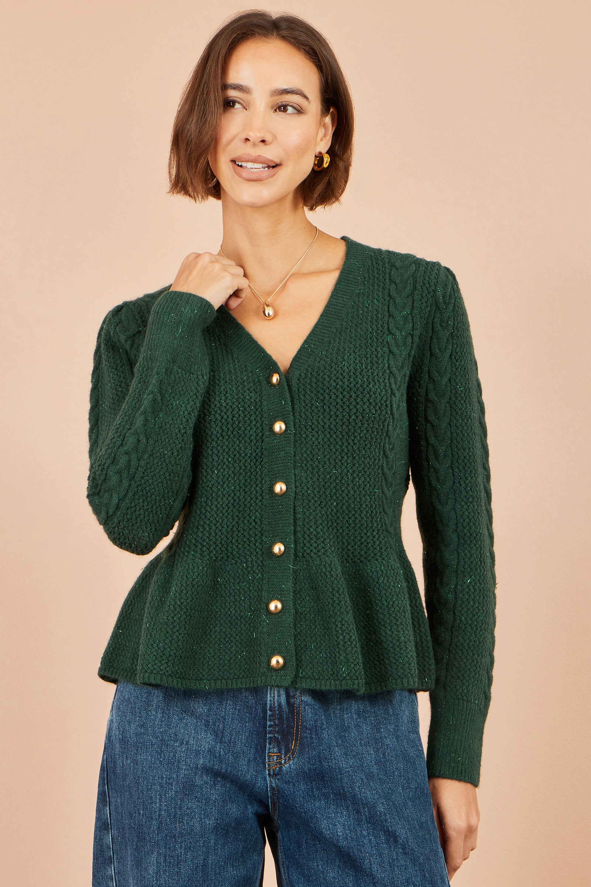 Yumi Green Cable Knit Peplum Cardigan Knit Cardigan Yumi