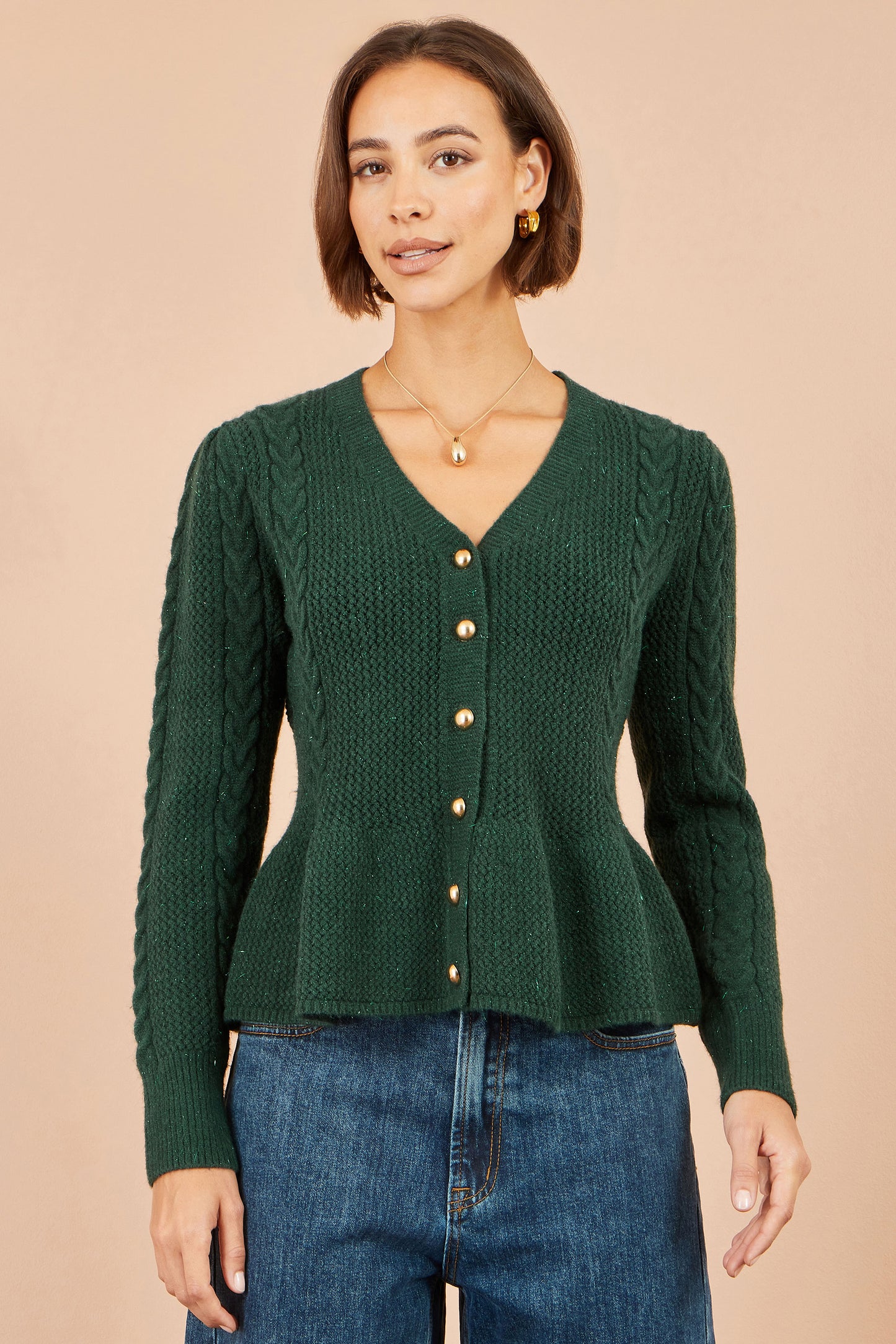 Yumi Green Cable Knit Peplum Cardigan Knit Cardigan Yumi