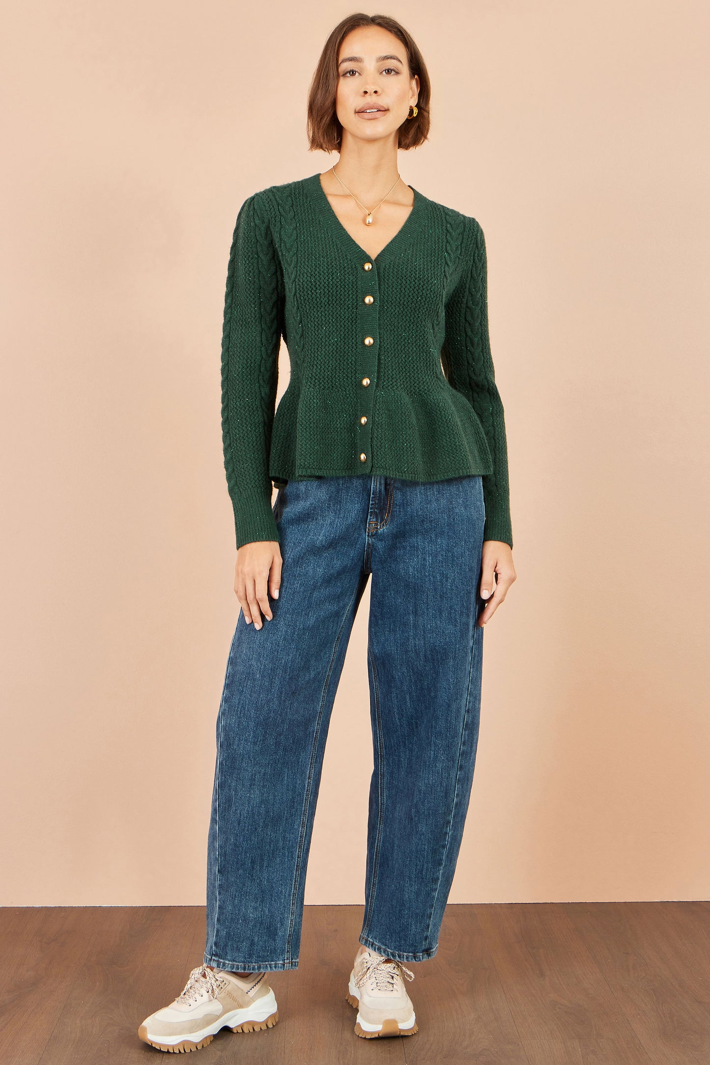 Yumi Green Cable Knit Peplum Cardigan Knit Cardigan Yumi