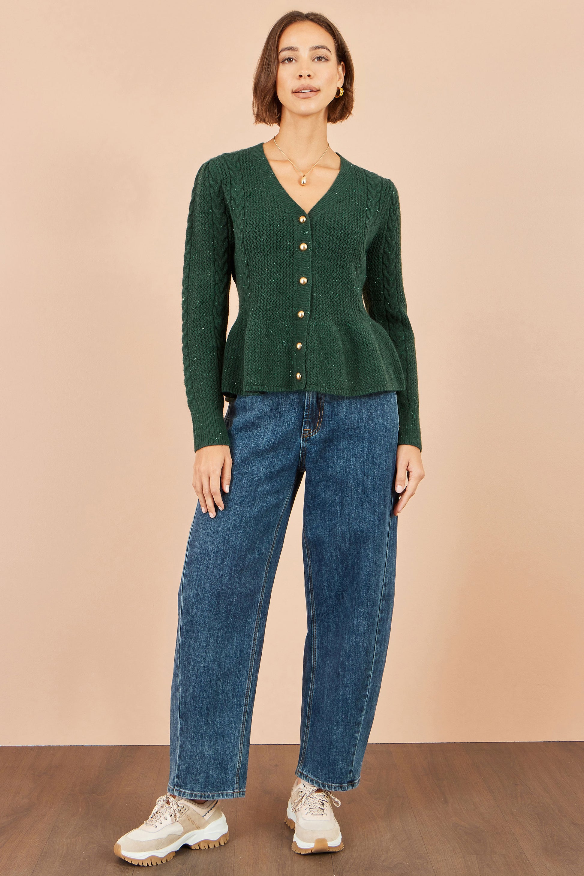 Yumi Green Cable Knit Peplum Cardigan Knit Cardigan Yumi