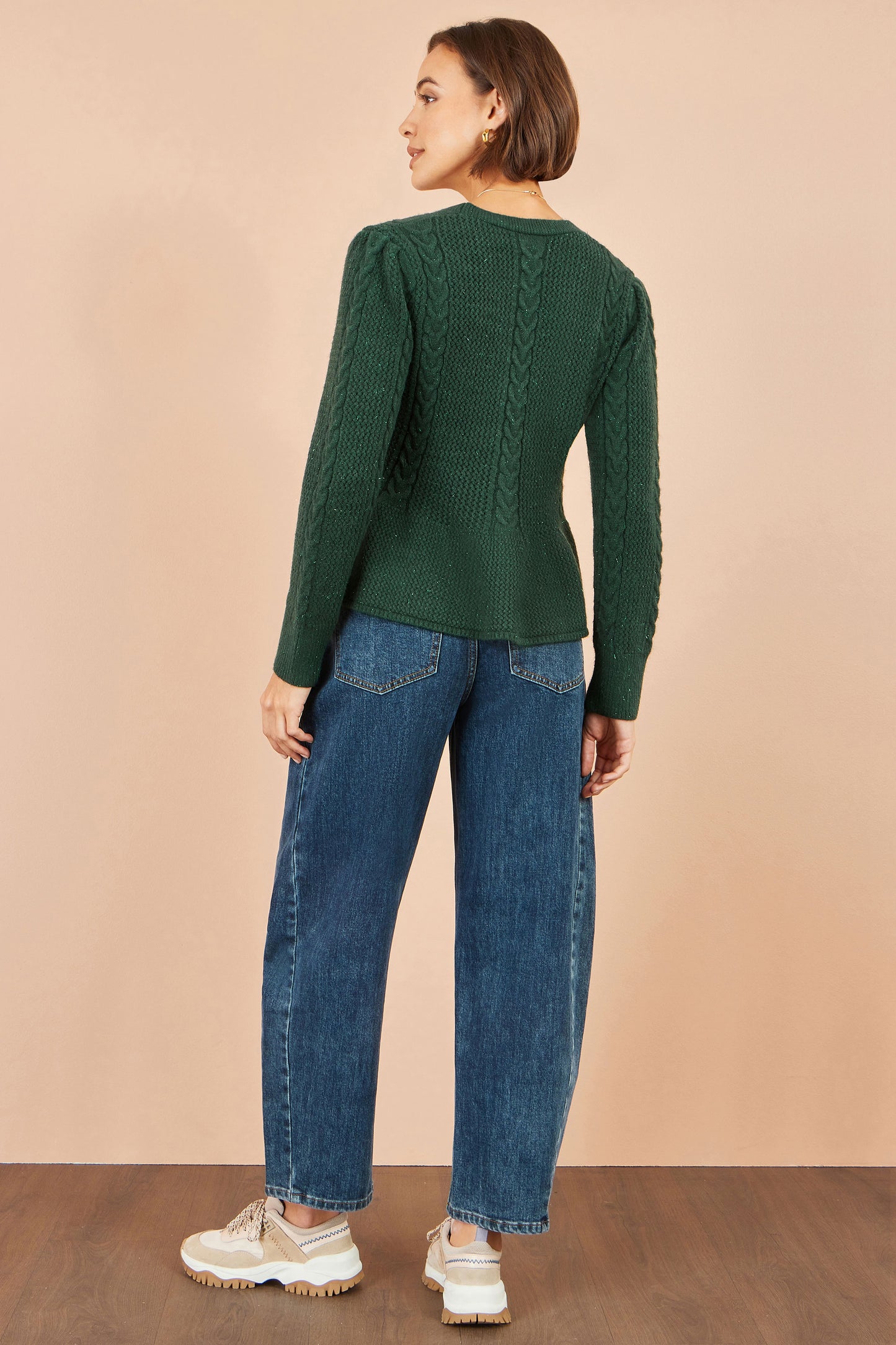 Yumi Green Cable Knit Peplum Cardigan Knit Cardigan Yumi