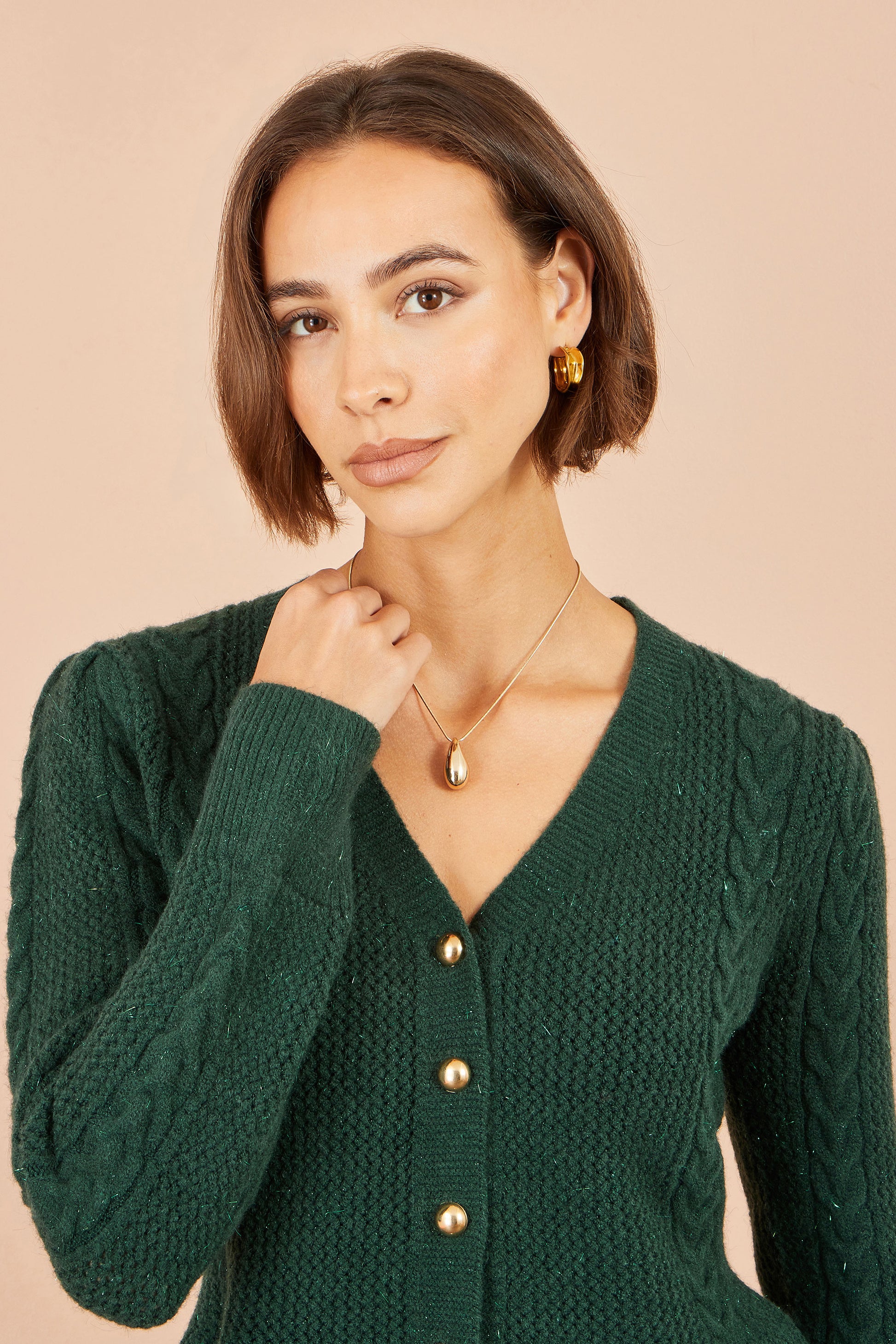 Yumi Green Cable Knit Peplum Cardigan Knit Cardigan Yumi