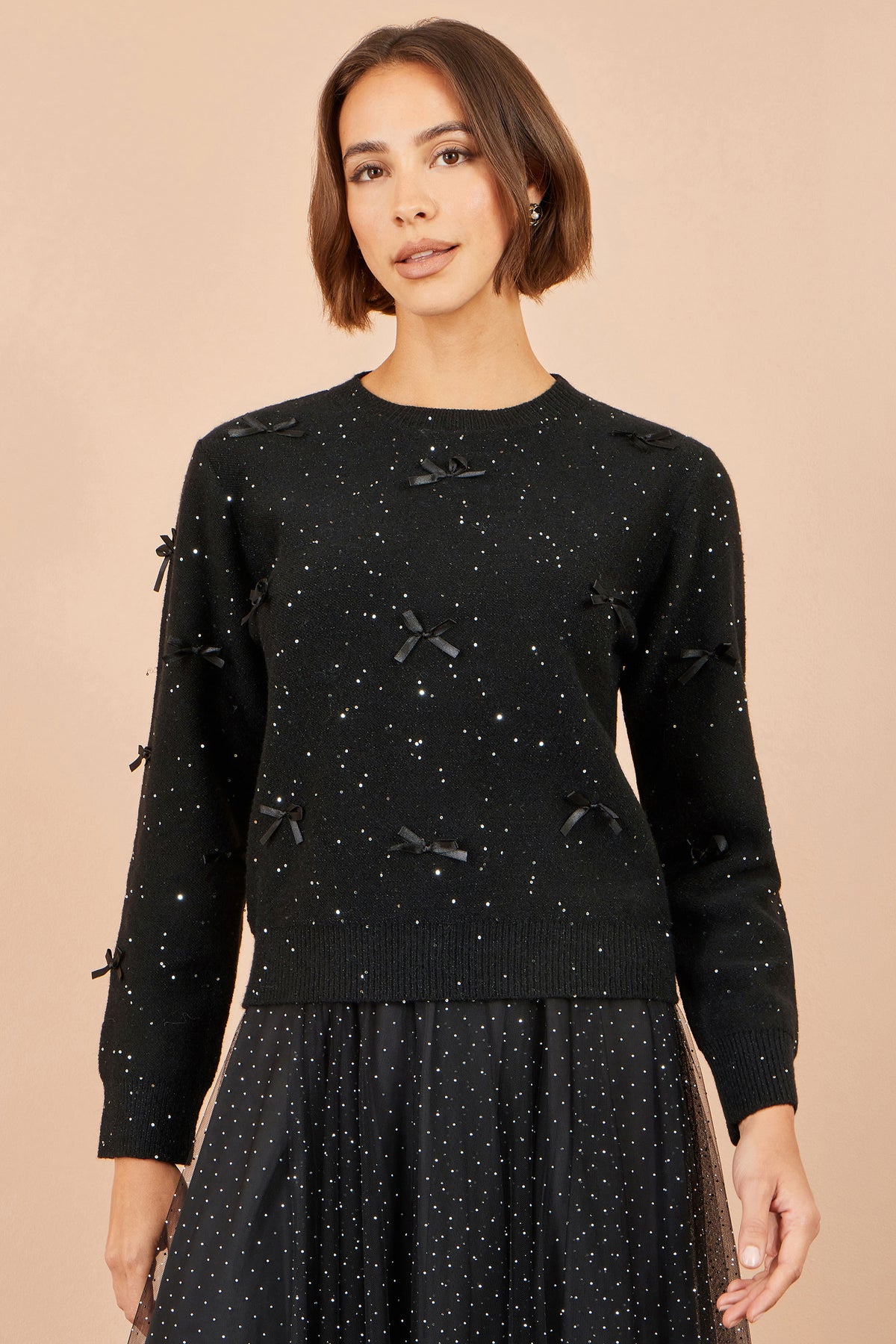 Yumi Black Sparkle Bow Jumper Knit Xmas Jumper Yumi