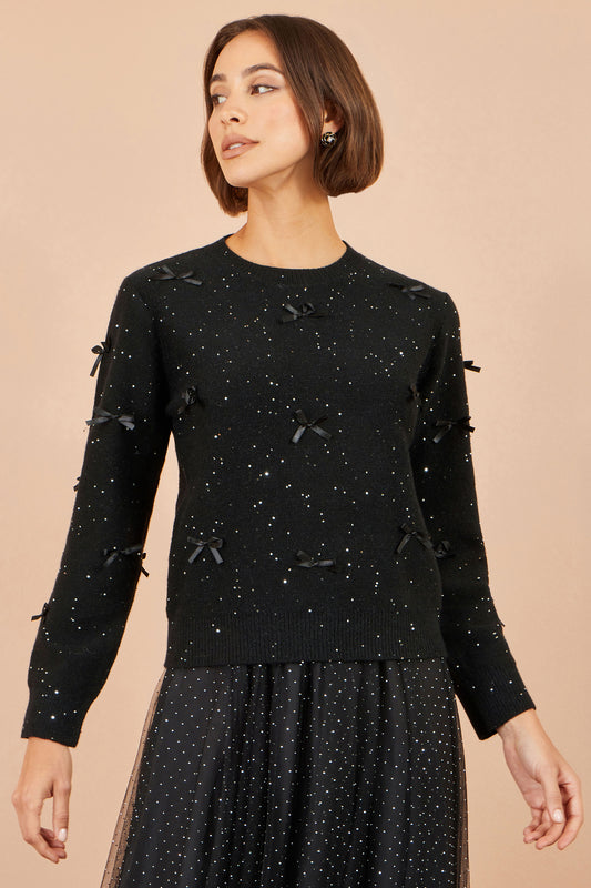Yumi Black Sparkle Bow Jumper Knit Xmas Jumper Yumi