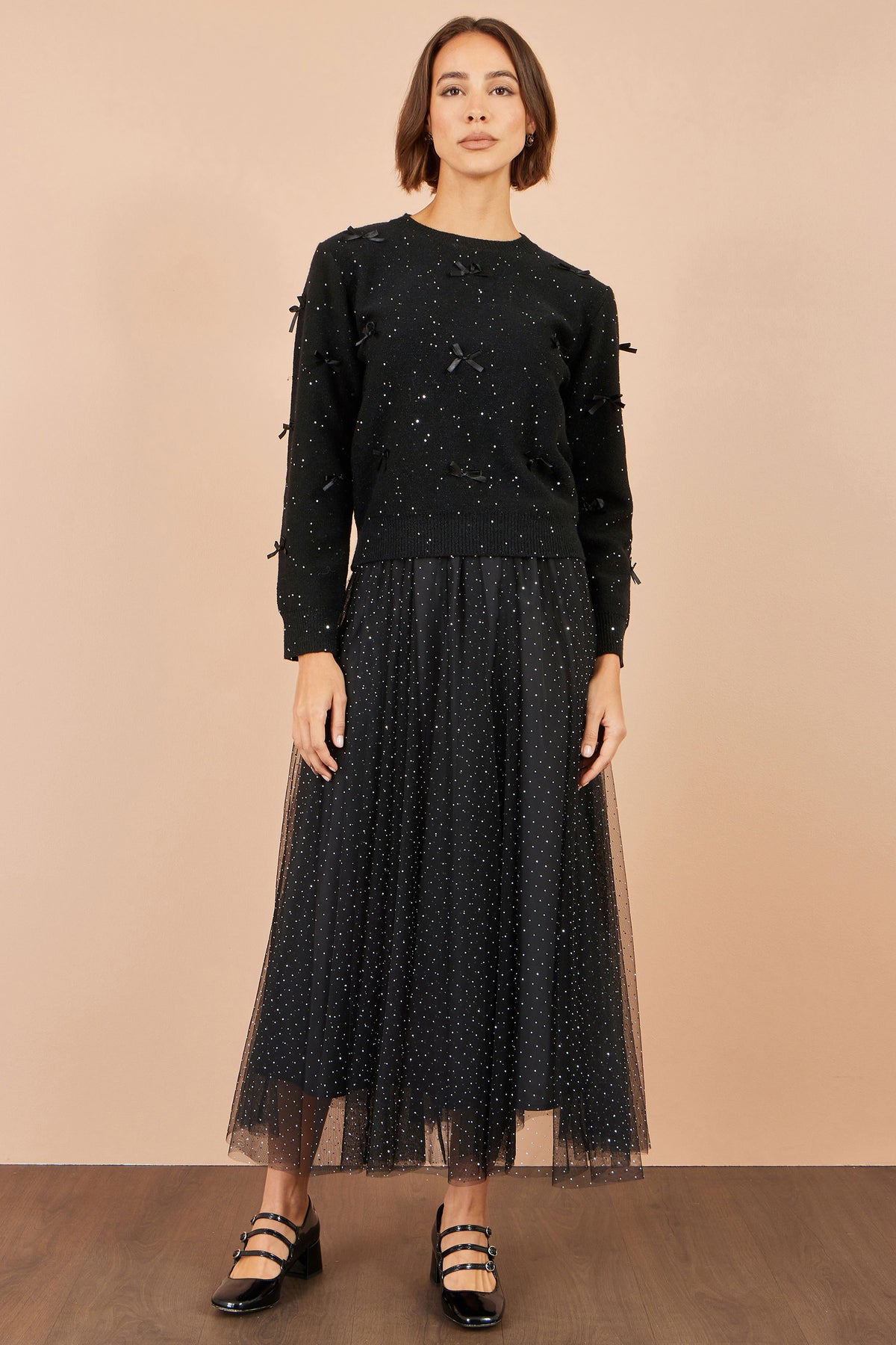Yumi Black Sparkle Bow Jumper Knit Xmas Jumper Yumi