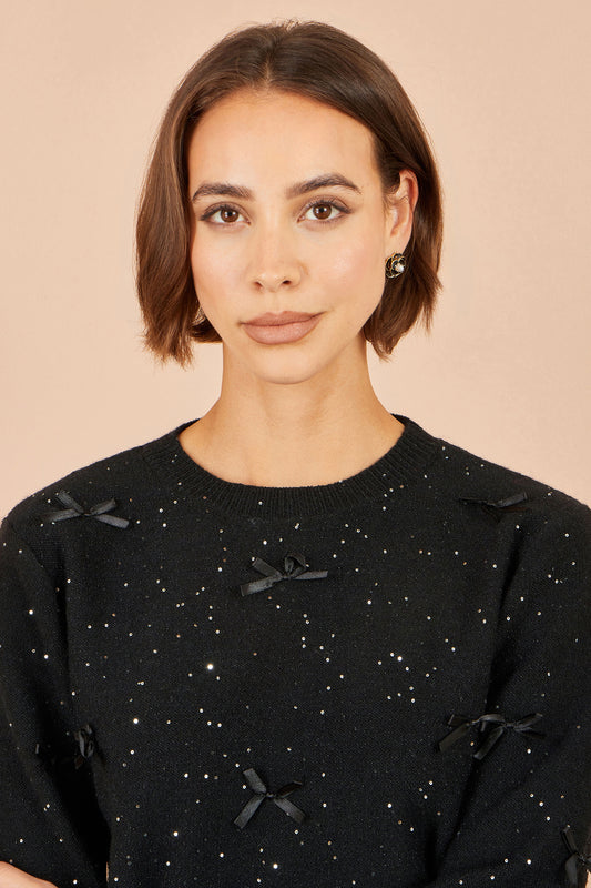 Yumi Black Sparkle Bow Jumper Knit Xmas Jumper Yumi