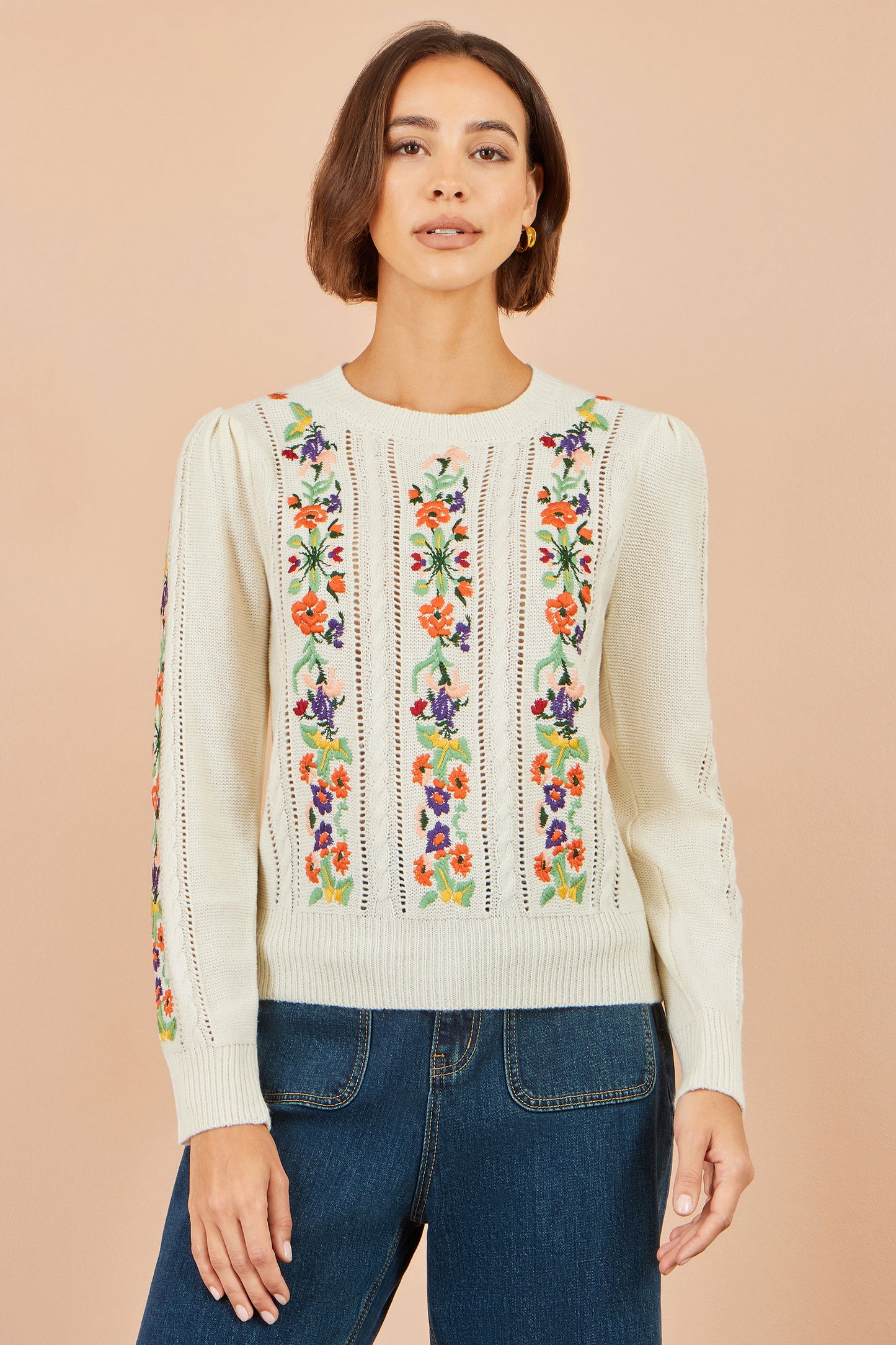 Yumi Ivory Floral Embroidery Cable Jumper Knit Jumper Yumi