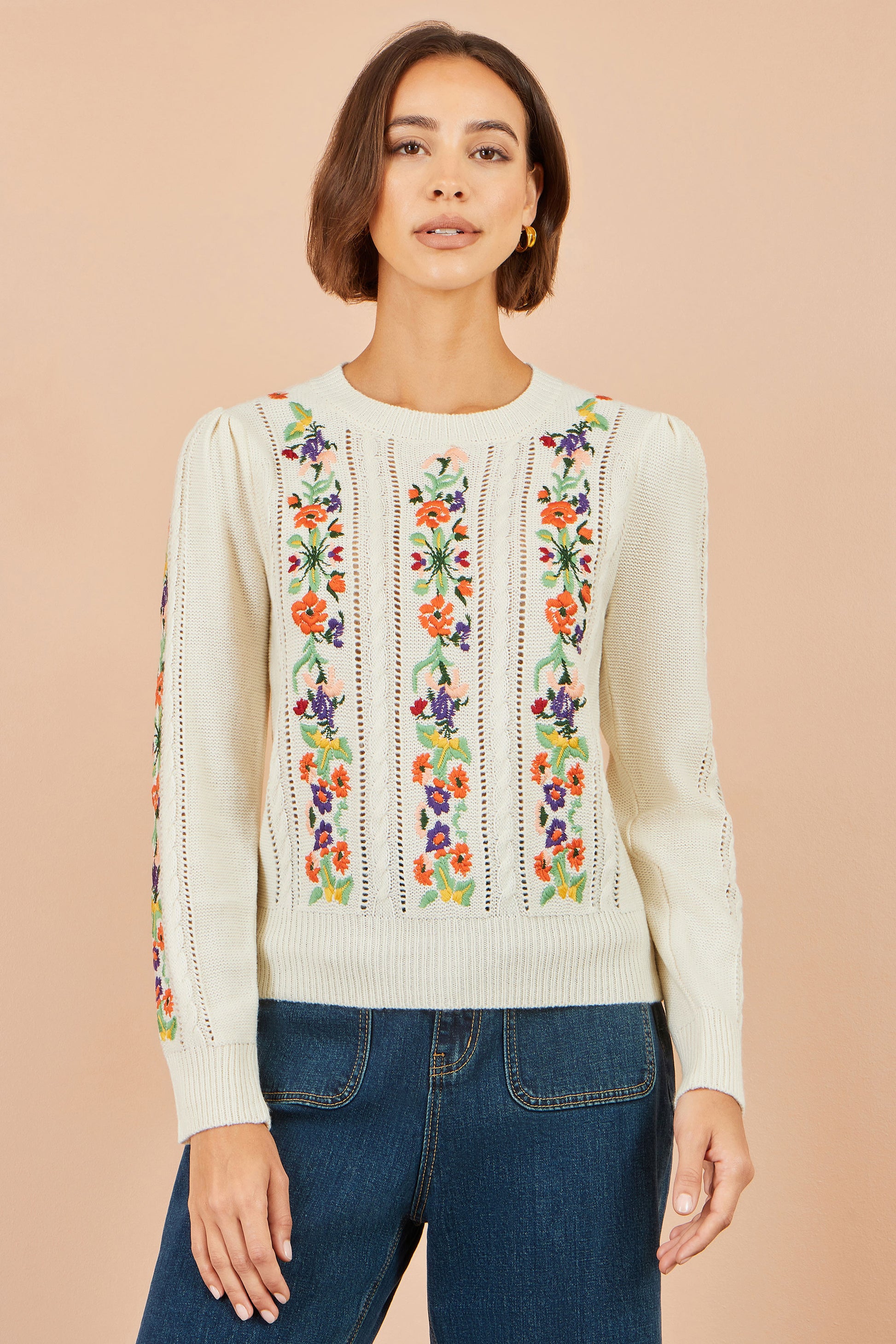 Yumi Ivory Floral Embroidery Cable Jumper Knit Jumper Yumi