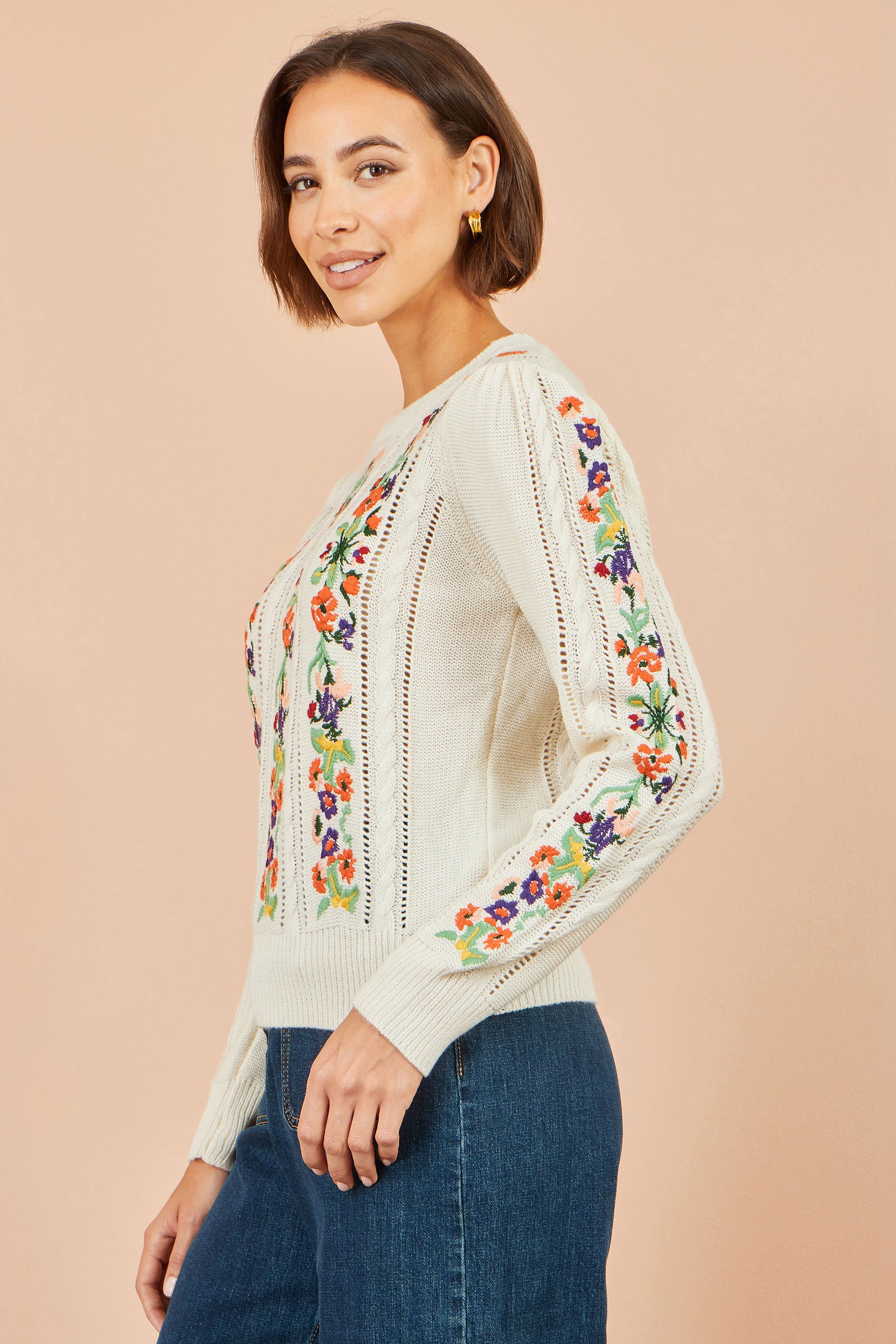 Yumi Ivory Floral Embroidery Cable Jumper Knit Jumper Yumi