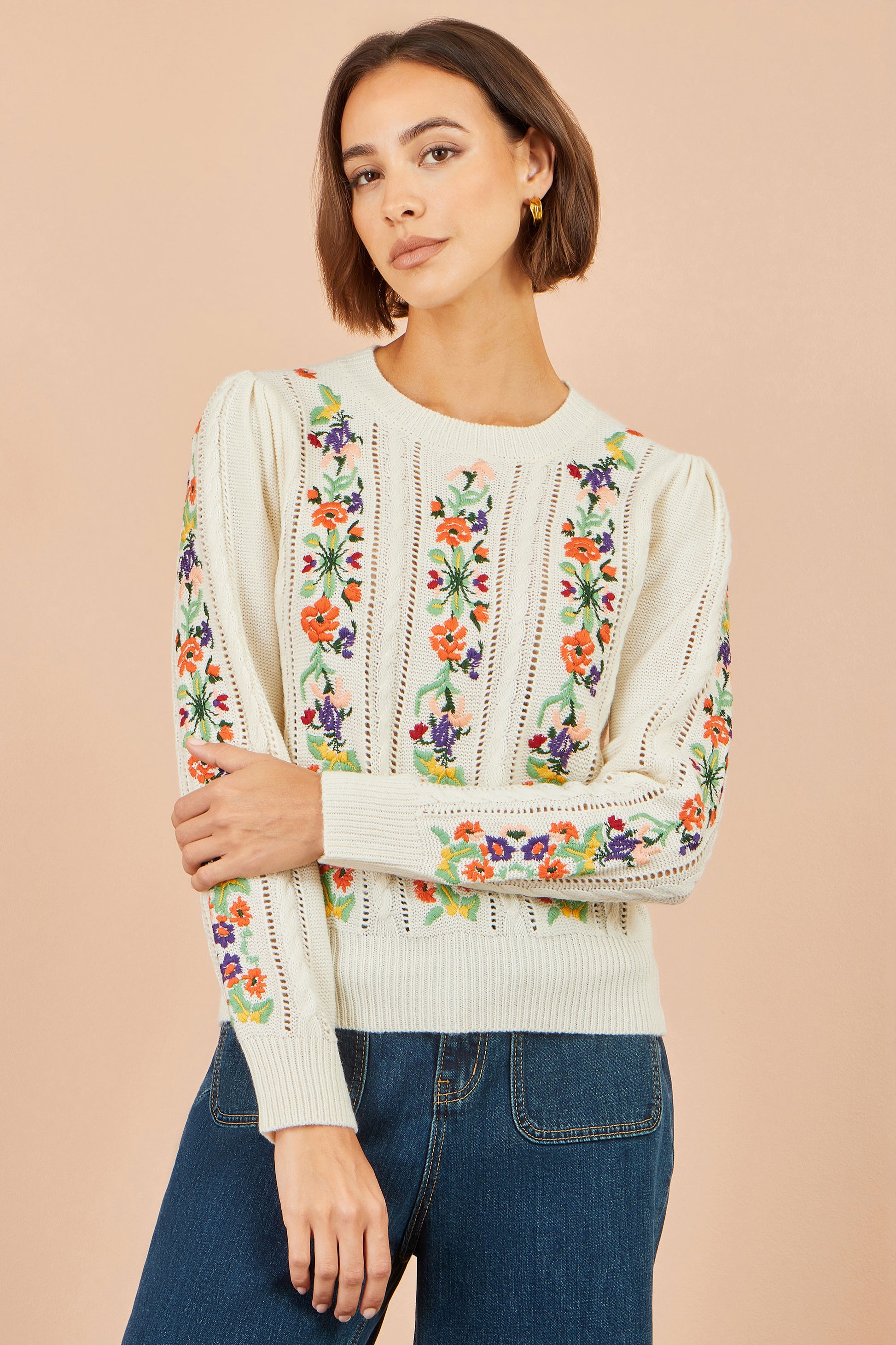 Yumi Ivory Floral Embroidery Cable Jumper Knit Jumper Yumi