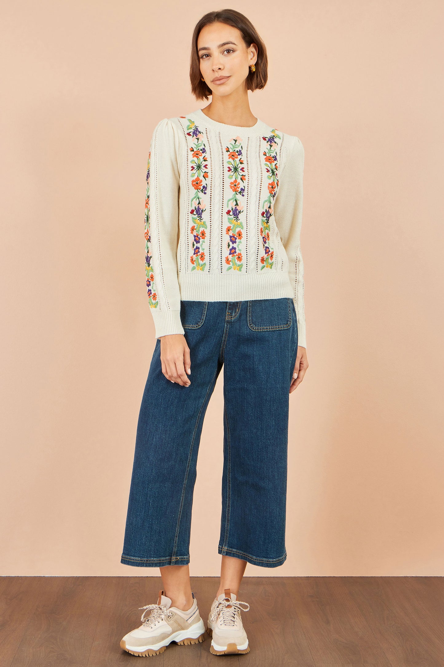 Yumi Ivory Floral Embroidery Cable Jumper Knit Jumper Yumi
