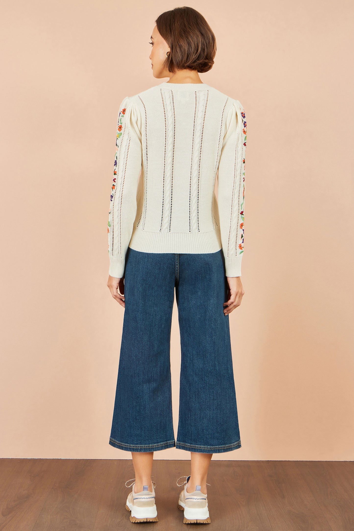 Yumi Ivory Floral Embroidery Cable Jumper Knit Jumper Yumi
