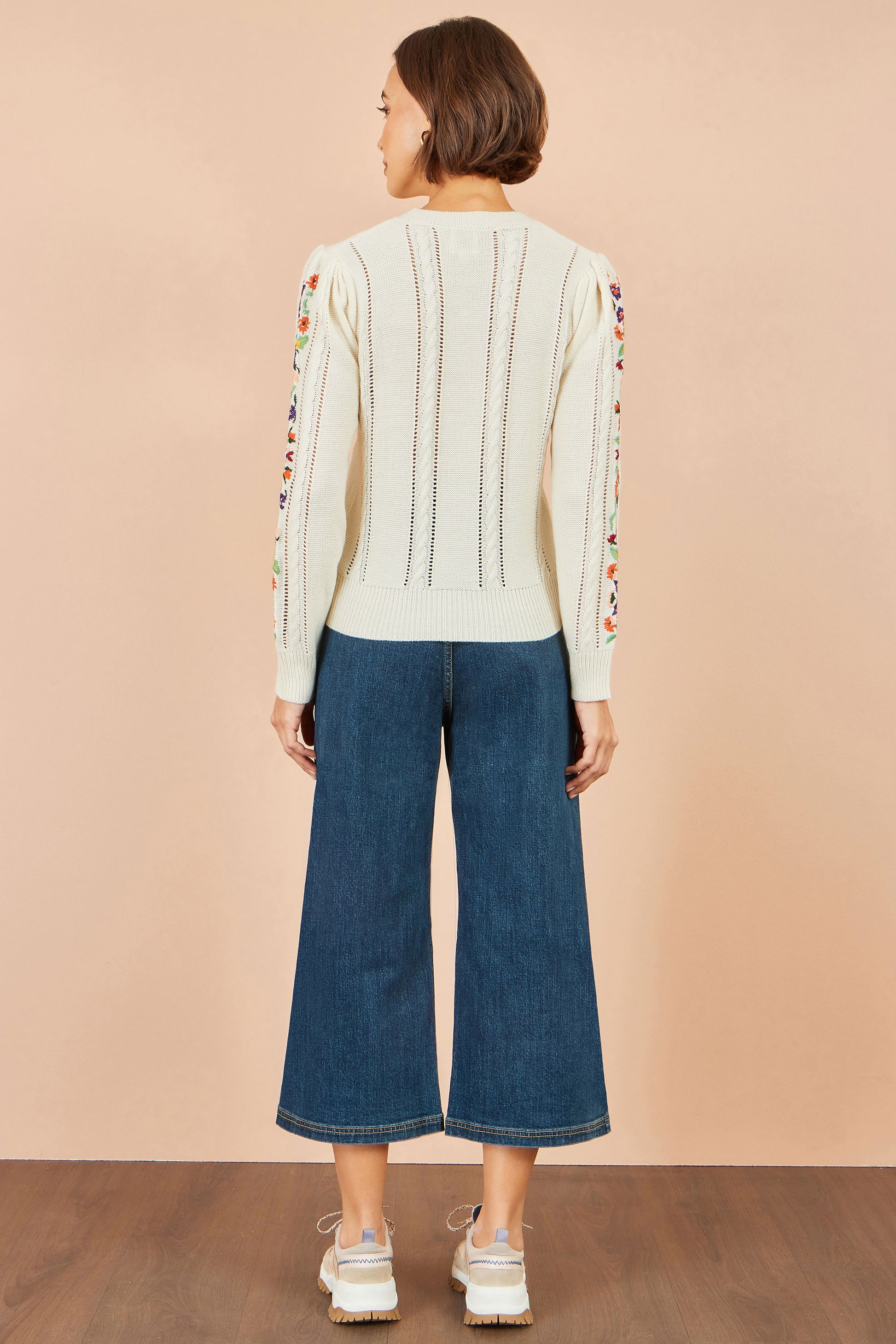 Yumi Ivory Floral Embroidery Cable Jumper Knit Jumper Yumi