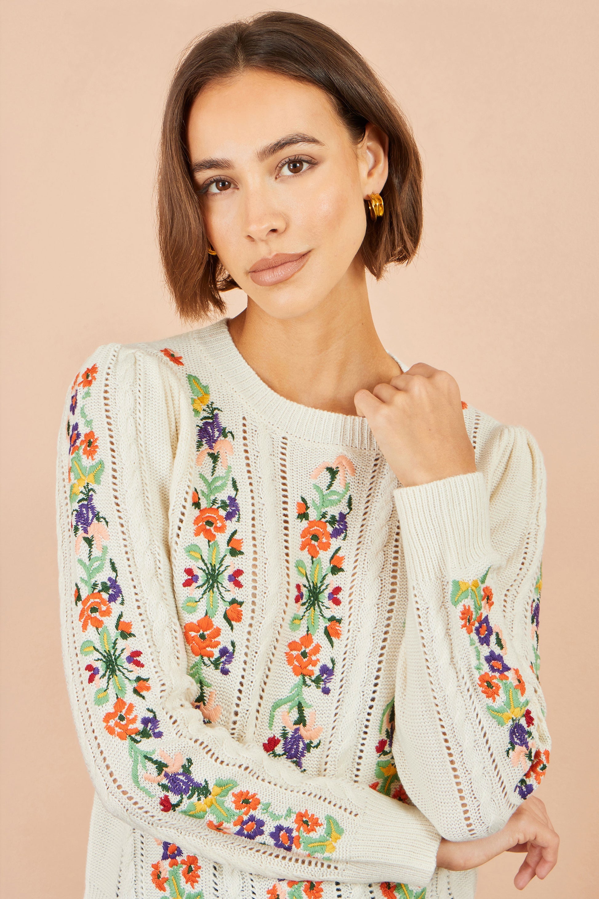 Yumi Ivory Floral Embroidery Cable Jumper Knit Jumper Yumi