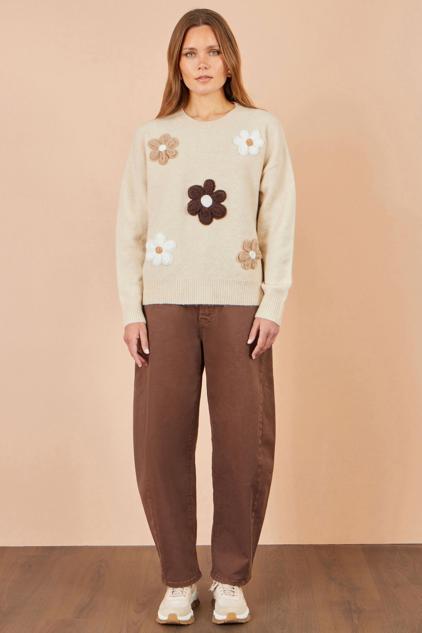Yumi Beige Relaxed Crochet Flower Jumper Knit Jumper Yumi