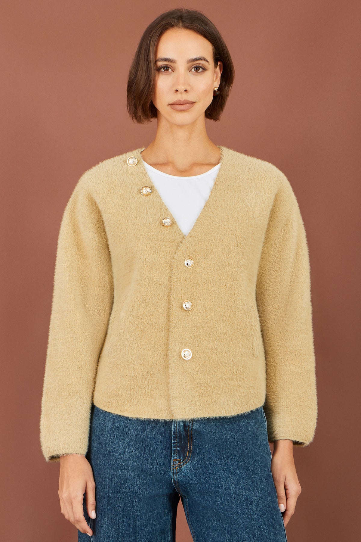 Yumi Camel Eyelash Knit Jacket With Scarf Knit Cardigan Yumi