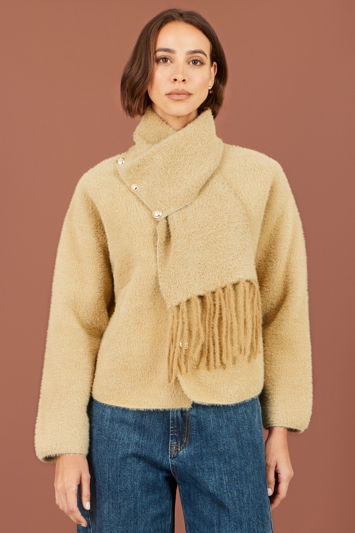 Yumi Camel Eyelash Knit Jacket With Scarf Knit Cardigan Yumi