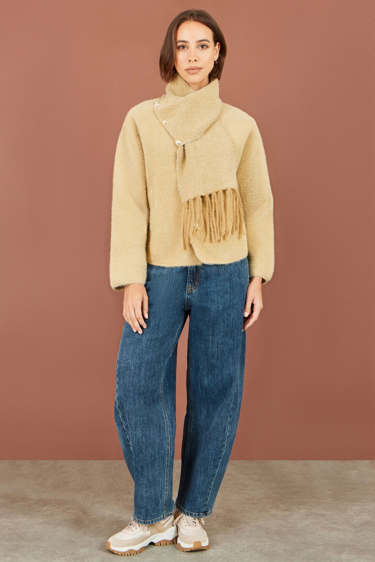 Yumi Camel Eyelash Knit Jacket With Scarf Knit Cardigan Yumi