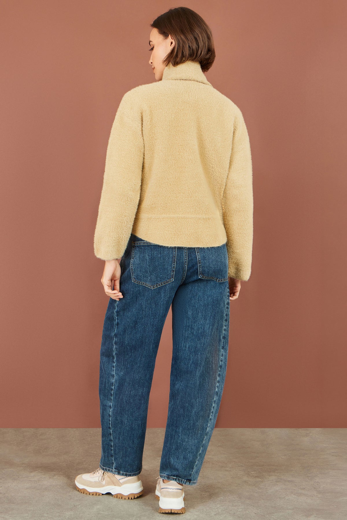 Yumi Camel Eyelash Knit Jacket With Scarf Knit Cardigan Yumi