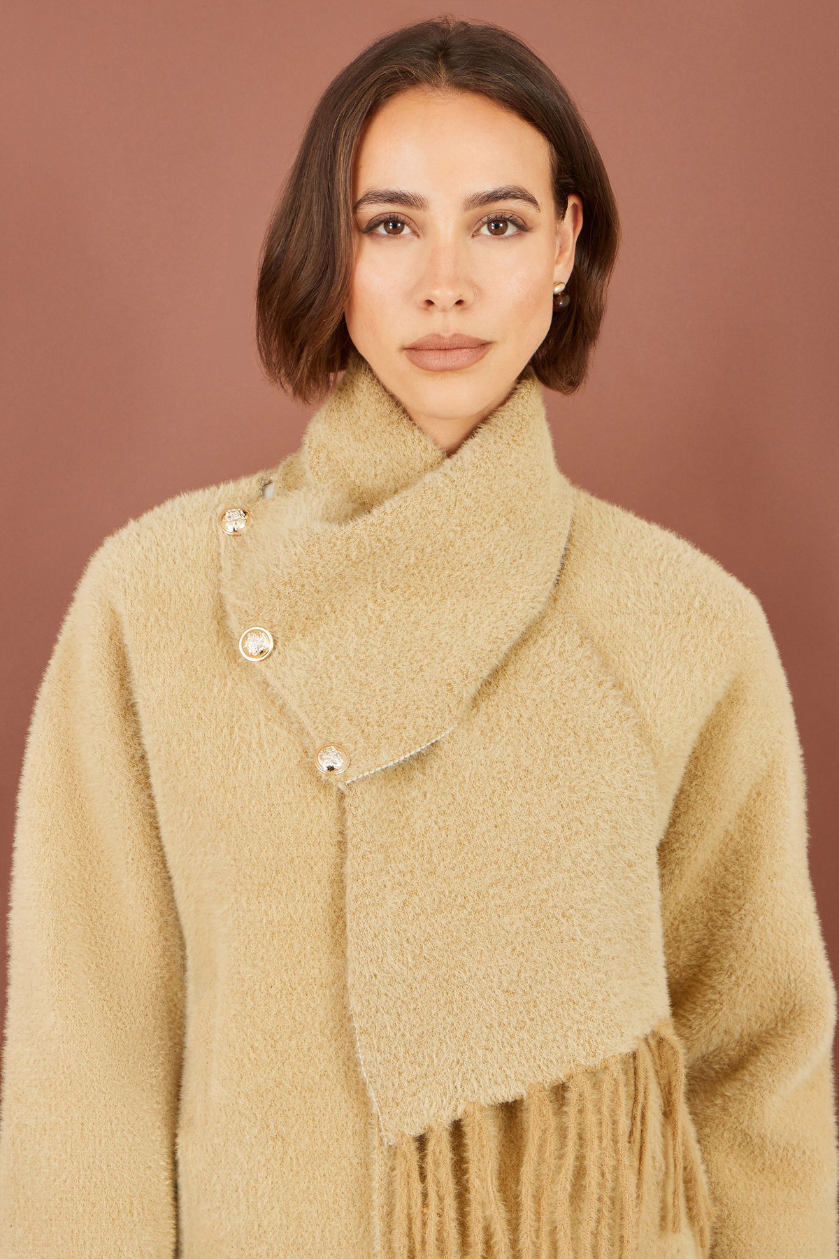 Yumi Camel Eyelash Knit Jacket With Scarf Knit Cardigan Yumi
