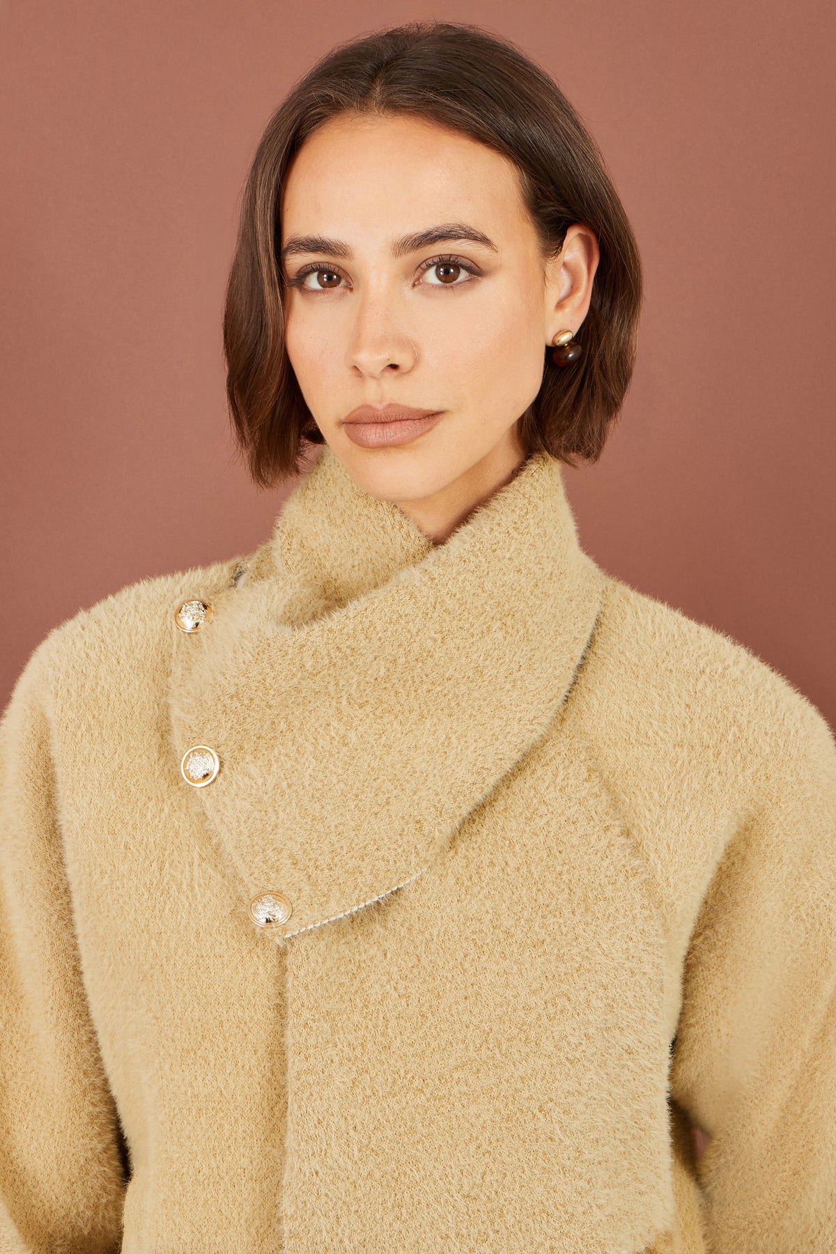 Yumi Camel Eyelash Knit Jacket With Scarf Knit Cardigan Yumi
