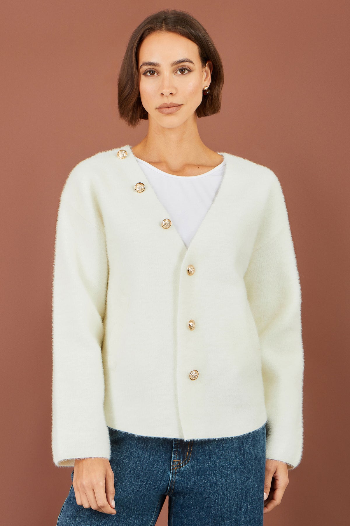 Yumi Ivory Eyelash Knit Jacket With Scarf Knit Cardigan Yumi