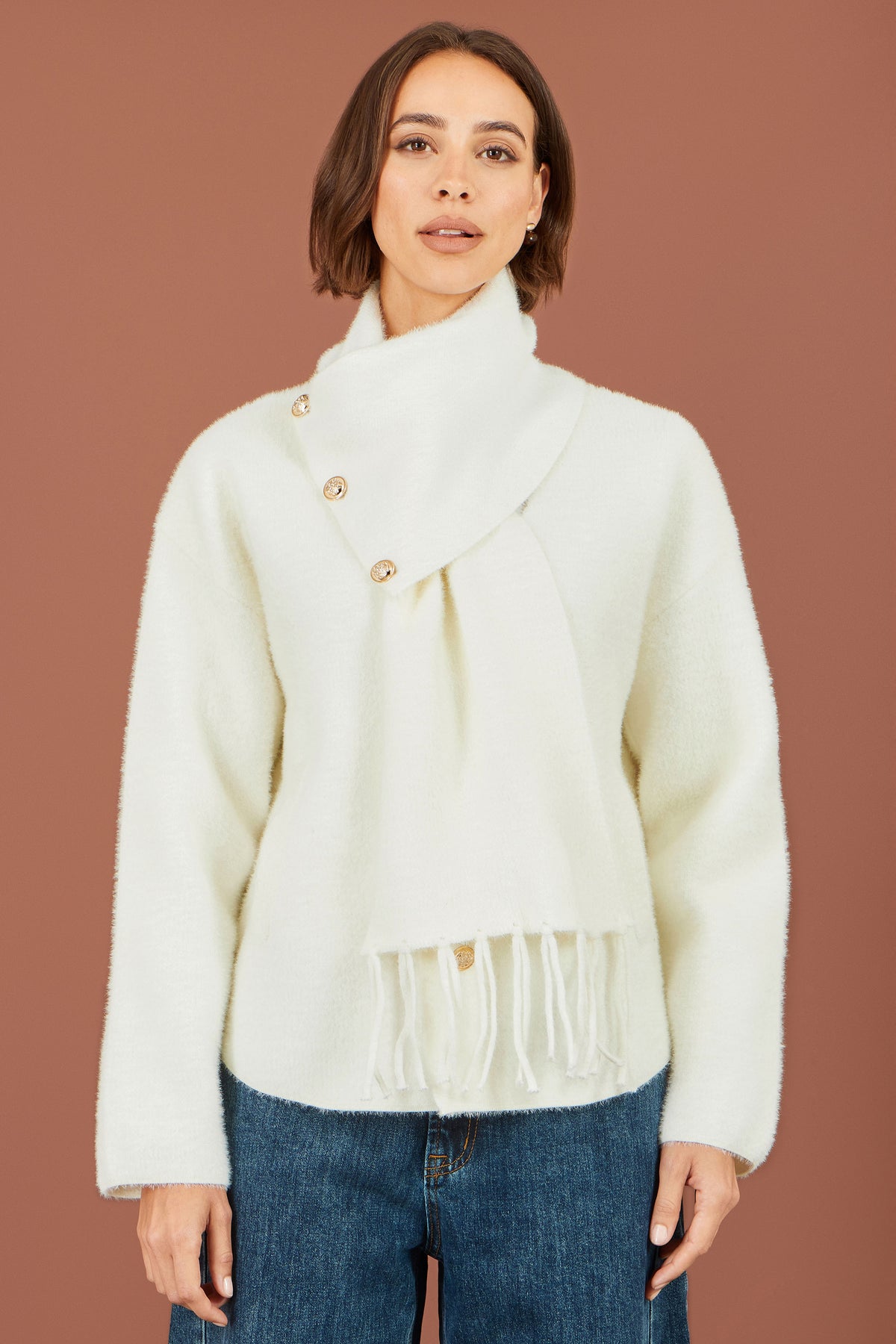 Yumi Ivory Eyelash Knit Jacket With Scarf Knit Cardigan Yumi