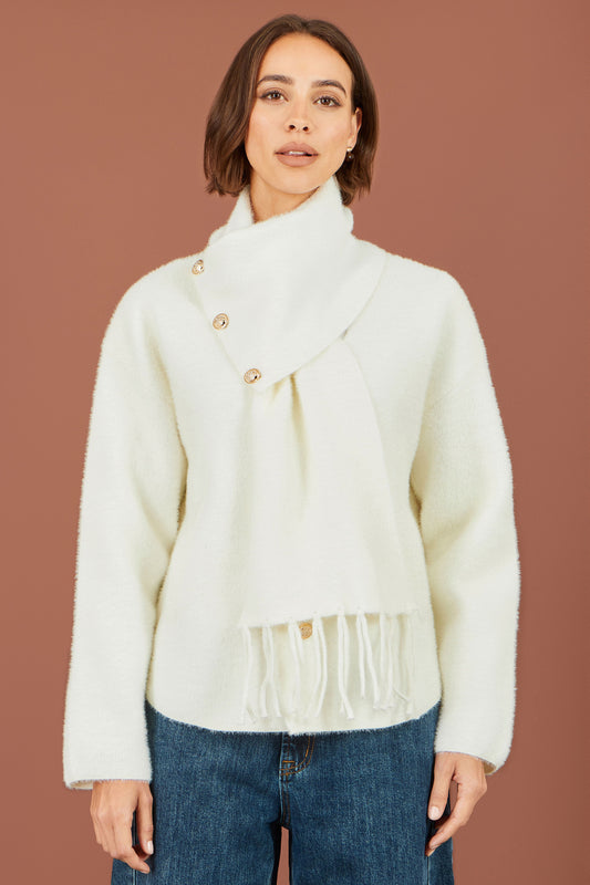 Yumi Ivory Eyelash Knit Jacket With Scarf Knit Cardigan Yumi