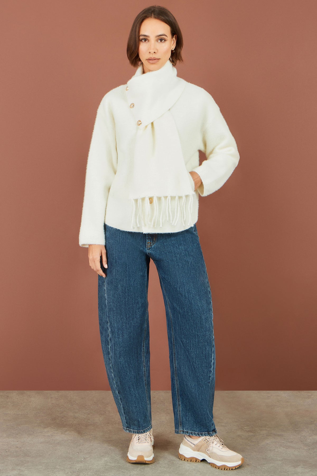 Yumi Ivory Eyelash Knit Jacket With Scarf Knit Cardigan Yumi