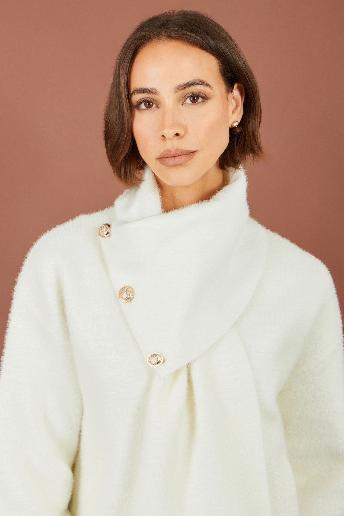 Yumi Ivory Eyelash Knit Jacket With Scarf Knit Cardigan Yumi