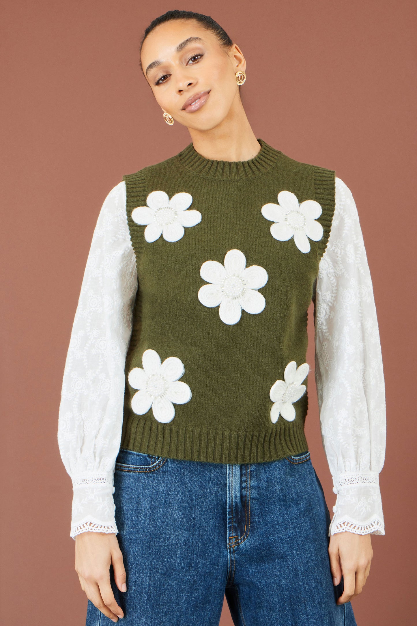 Yumi Green Flower Applique Knit Tank
