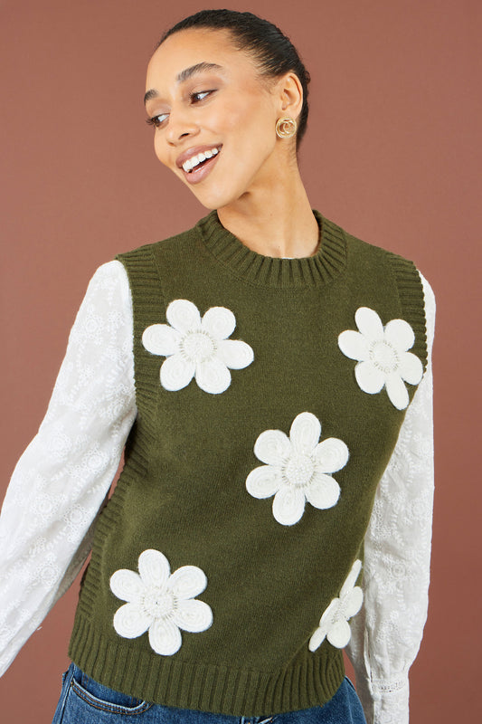 Yumi Green Flower Applique Knit Tank Knit Pullover Yumi