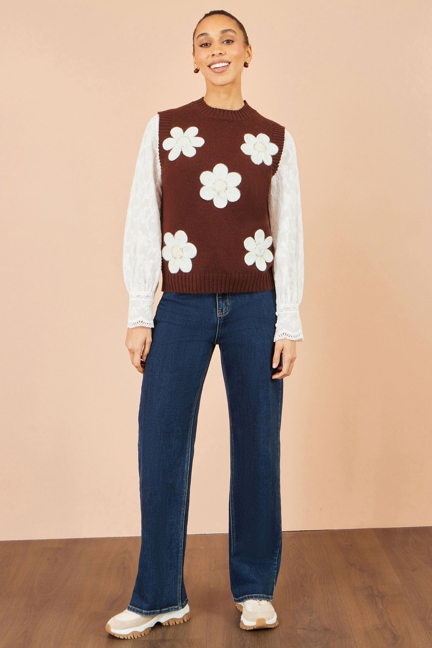 Yumi Brown Flower Applique Knit Tank Knit Pullover Yumi