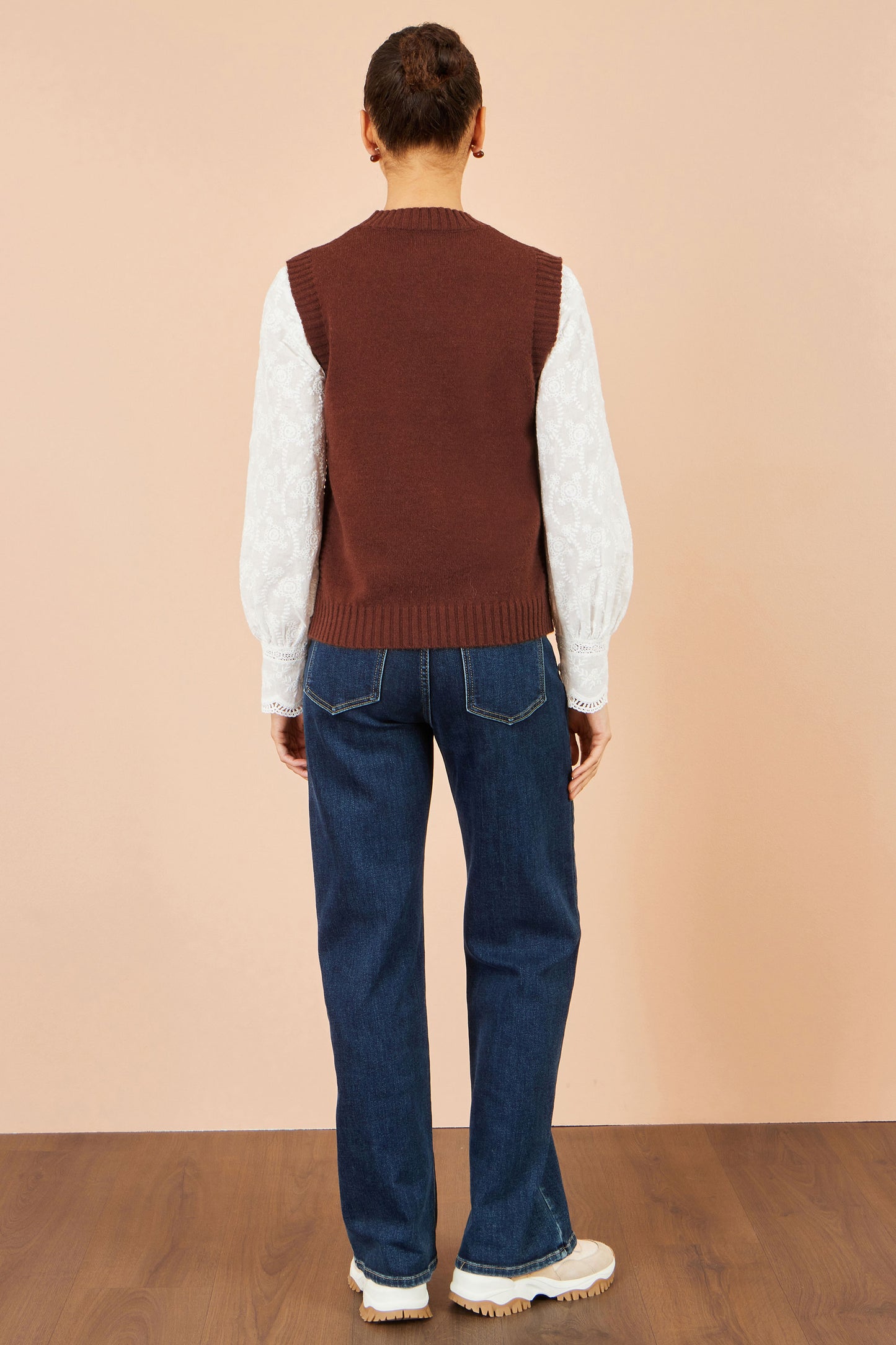 Yumi Brown Flower Applique Knit Tank Knit Pullover Yumi