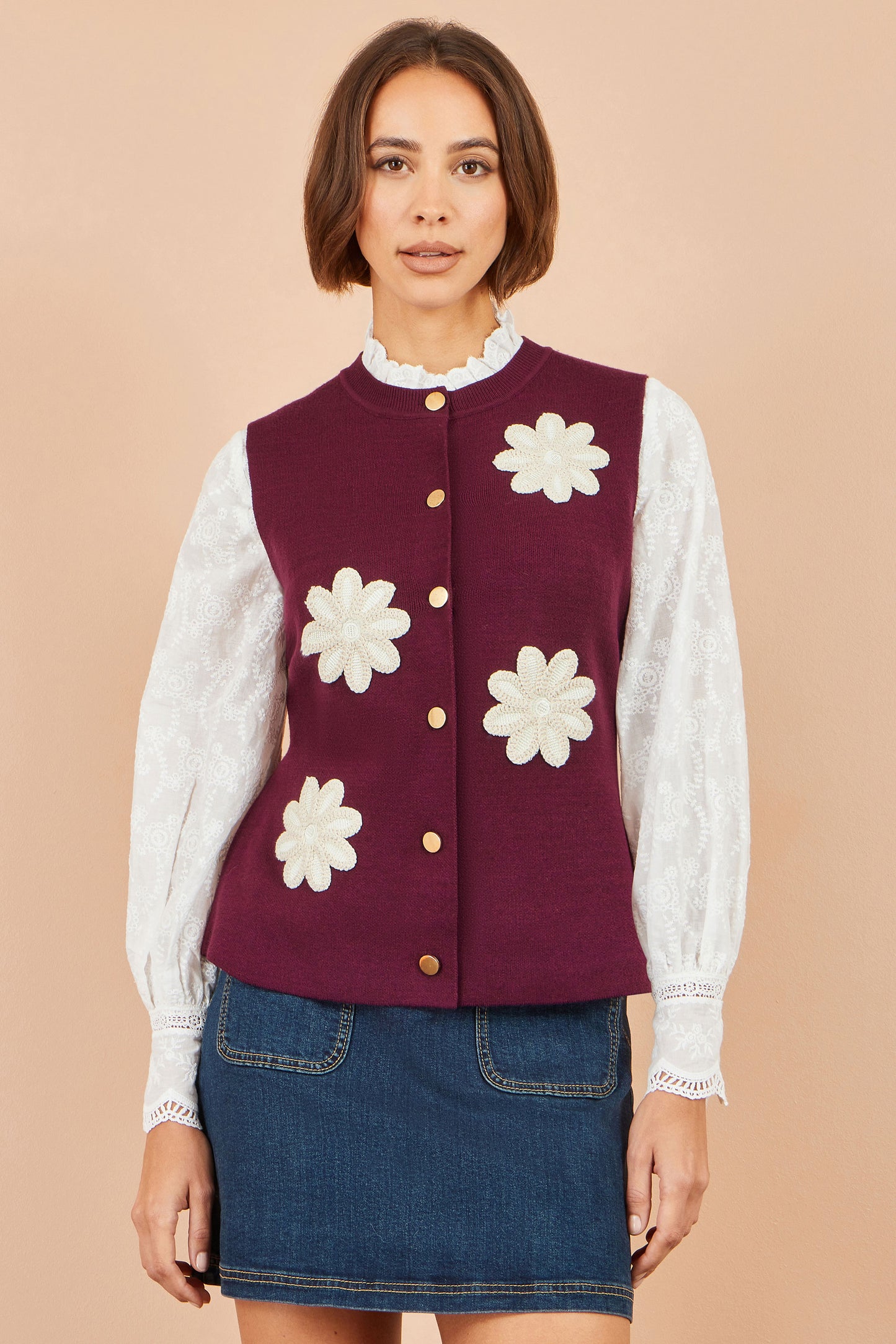 Yumi Burgundy Flower Applique Knit Waistcoat